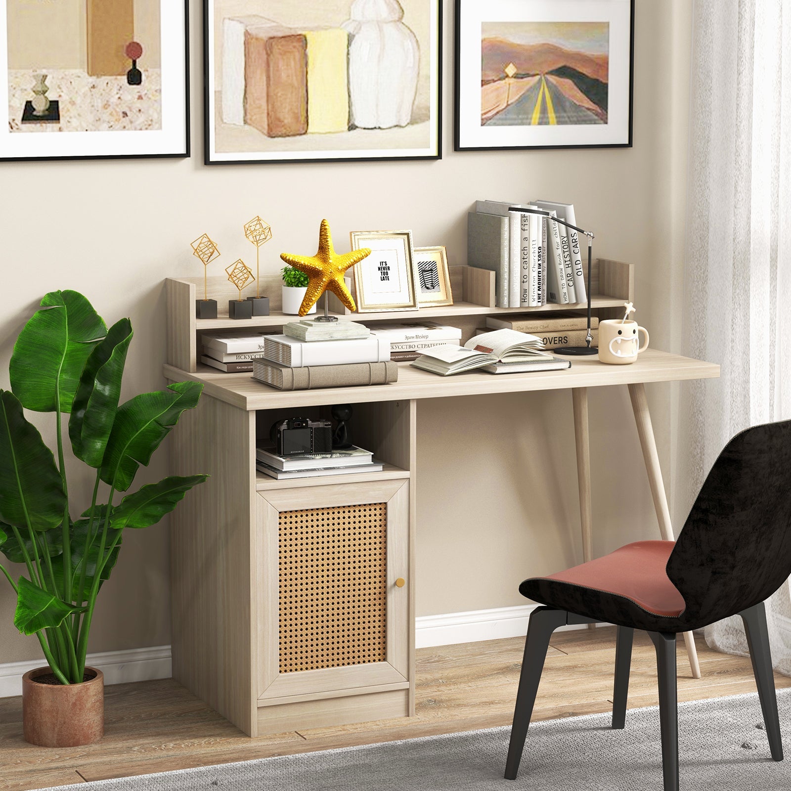 48 Inch Computer Desk with Hutch and PE Rattan Cabinet Shelves