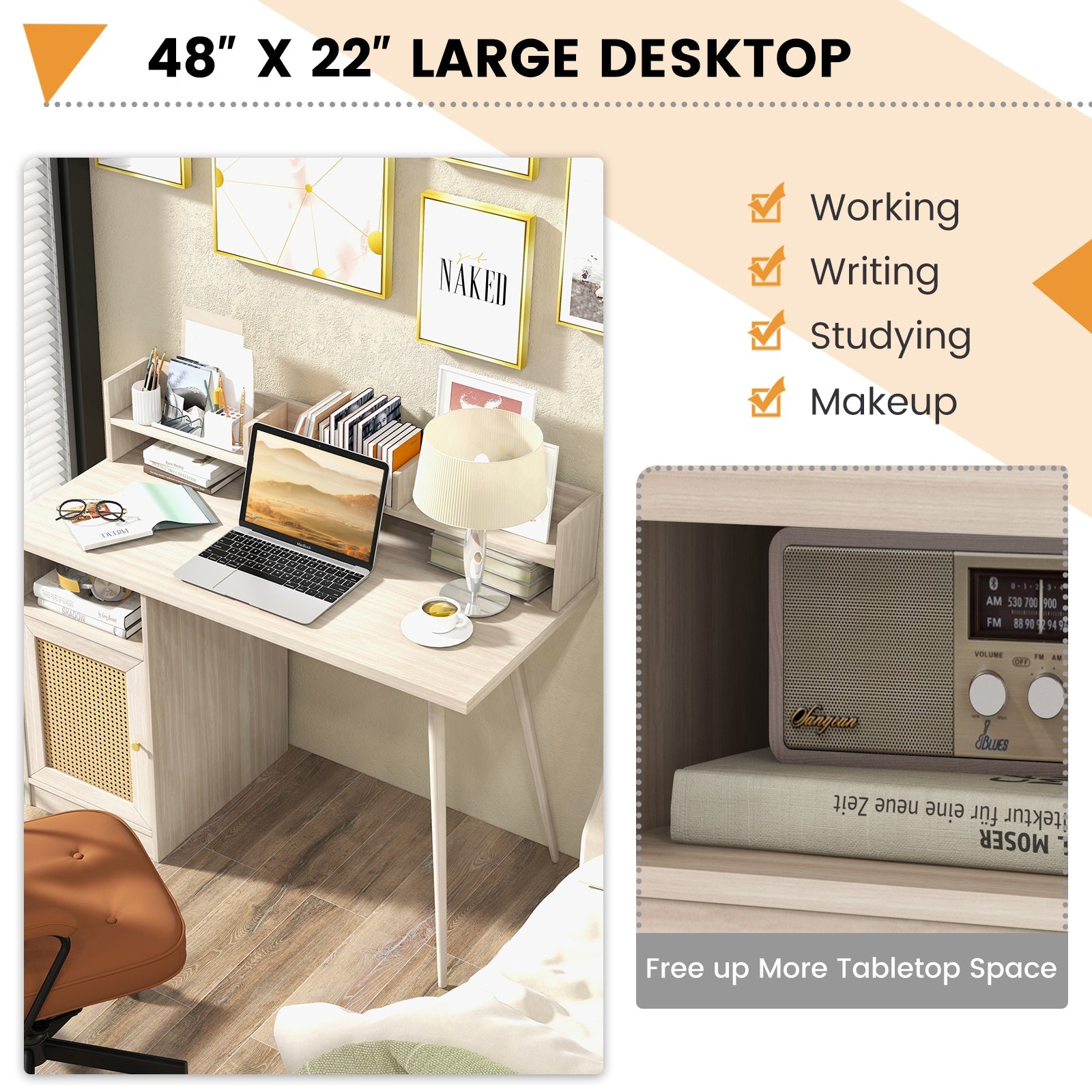 48 Inch Computer Desk with Hutch and PE Rattan Cabinet Shelves