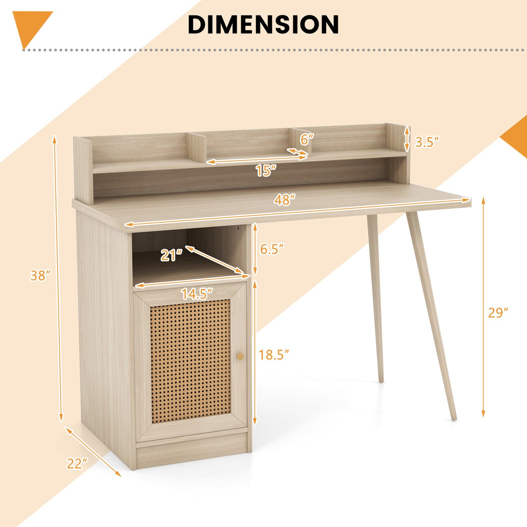 48 Inch Computer Desk with Hutch and PE Rattan Cabinet Shelves