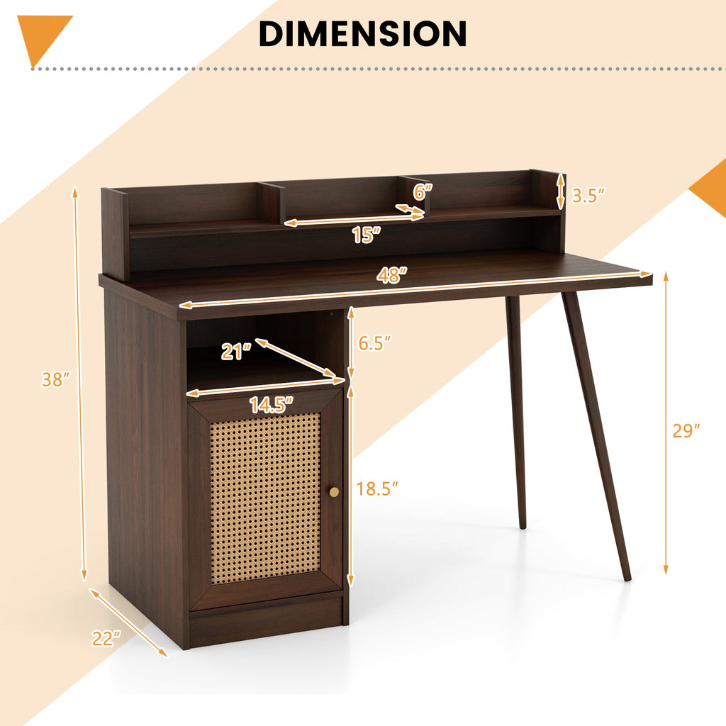 48 Inch Computer Desk with Hutch and PE Rattan Cabinet Shelves