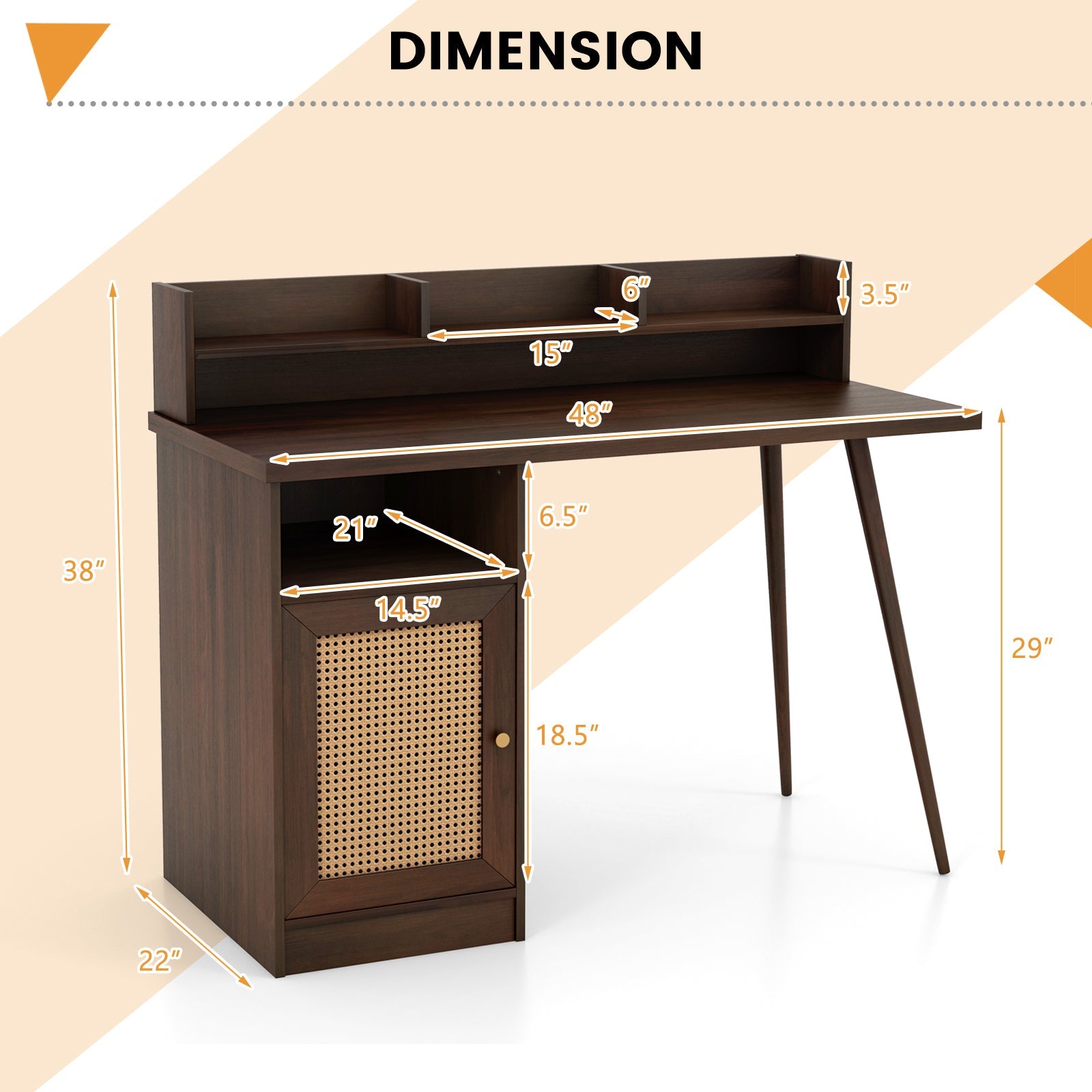 48 Inch Computer Desk with Hutch and PE Rattan Cabinet Shelves
