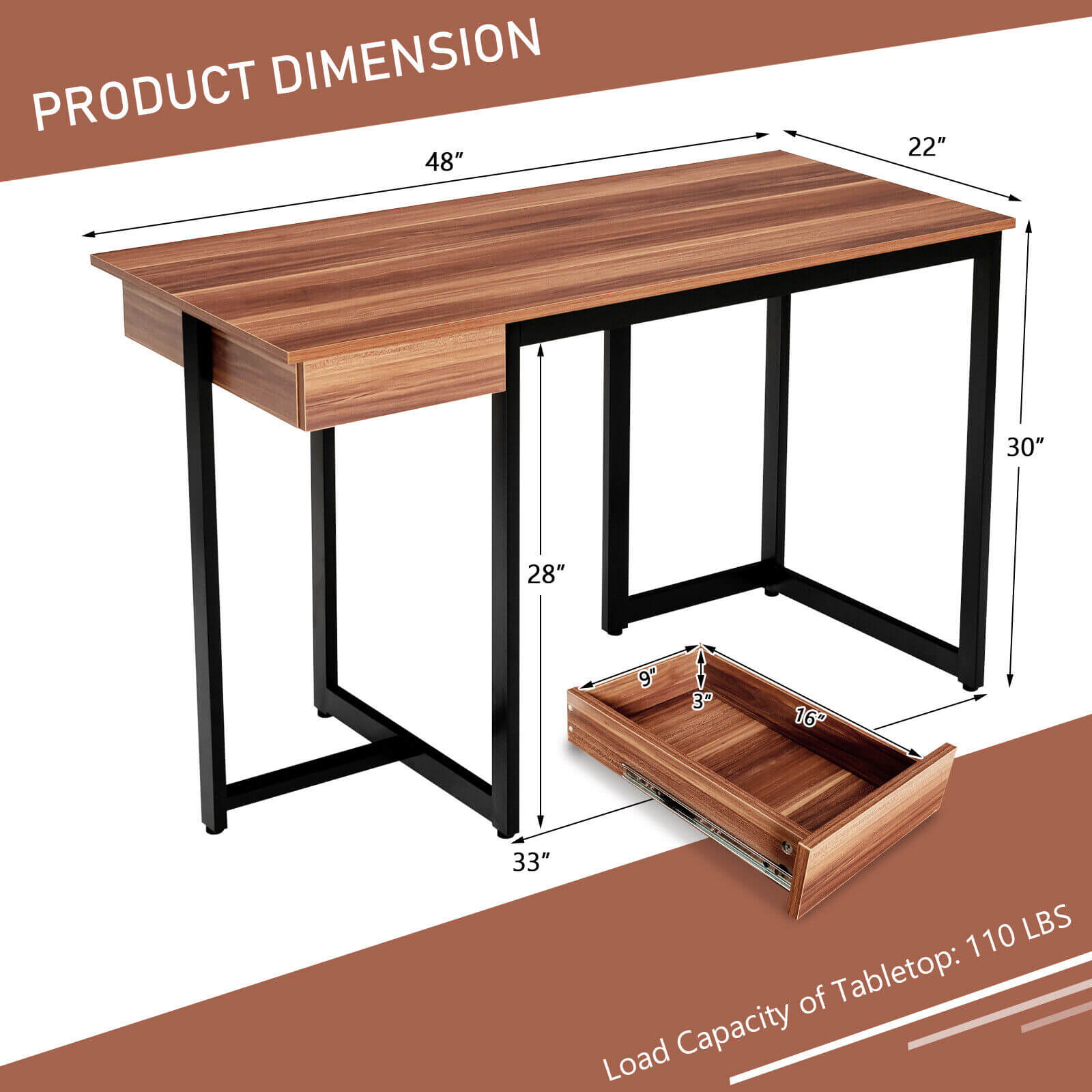 48 Inch Computer Desk with Metal Frame and Adjustable Pads