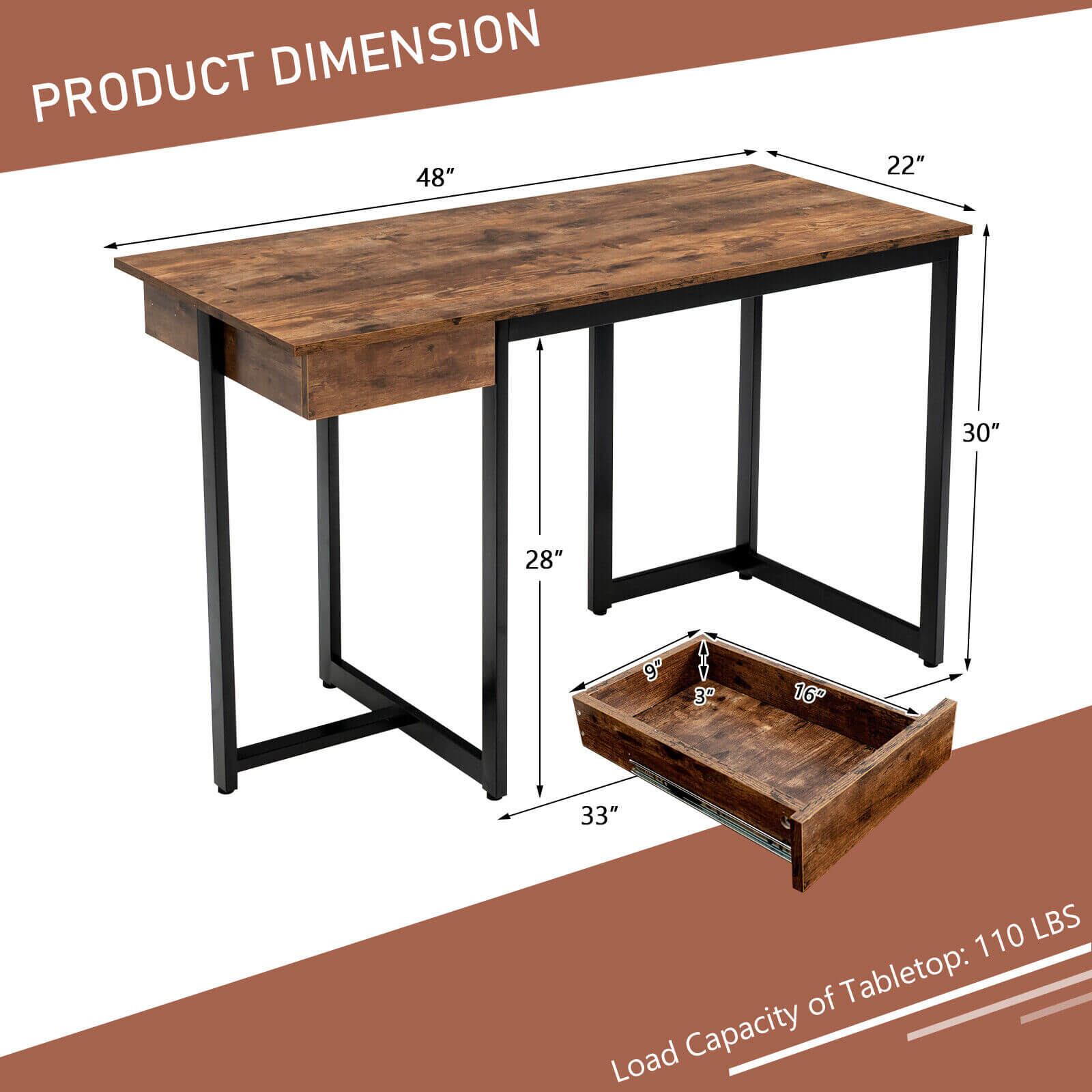 48 Inch Computer Desk with Metal Frame and Adjustable Pads