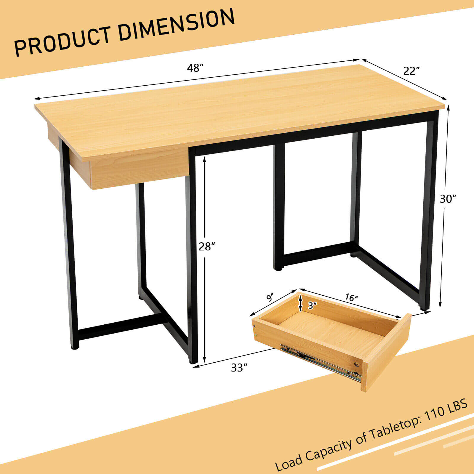 48 Inch Computer Desk with Metal Frame and Adjustable Pads