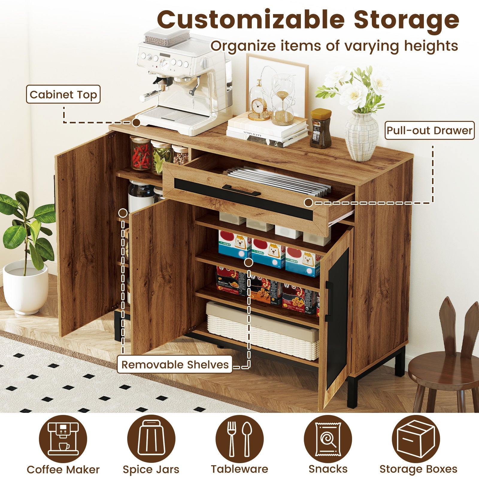 48 Inch Sideboard Buffet Cabinet with Drawer and Metal Legs-Natural