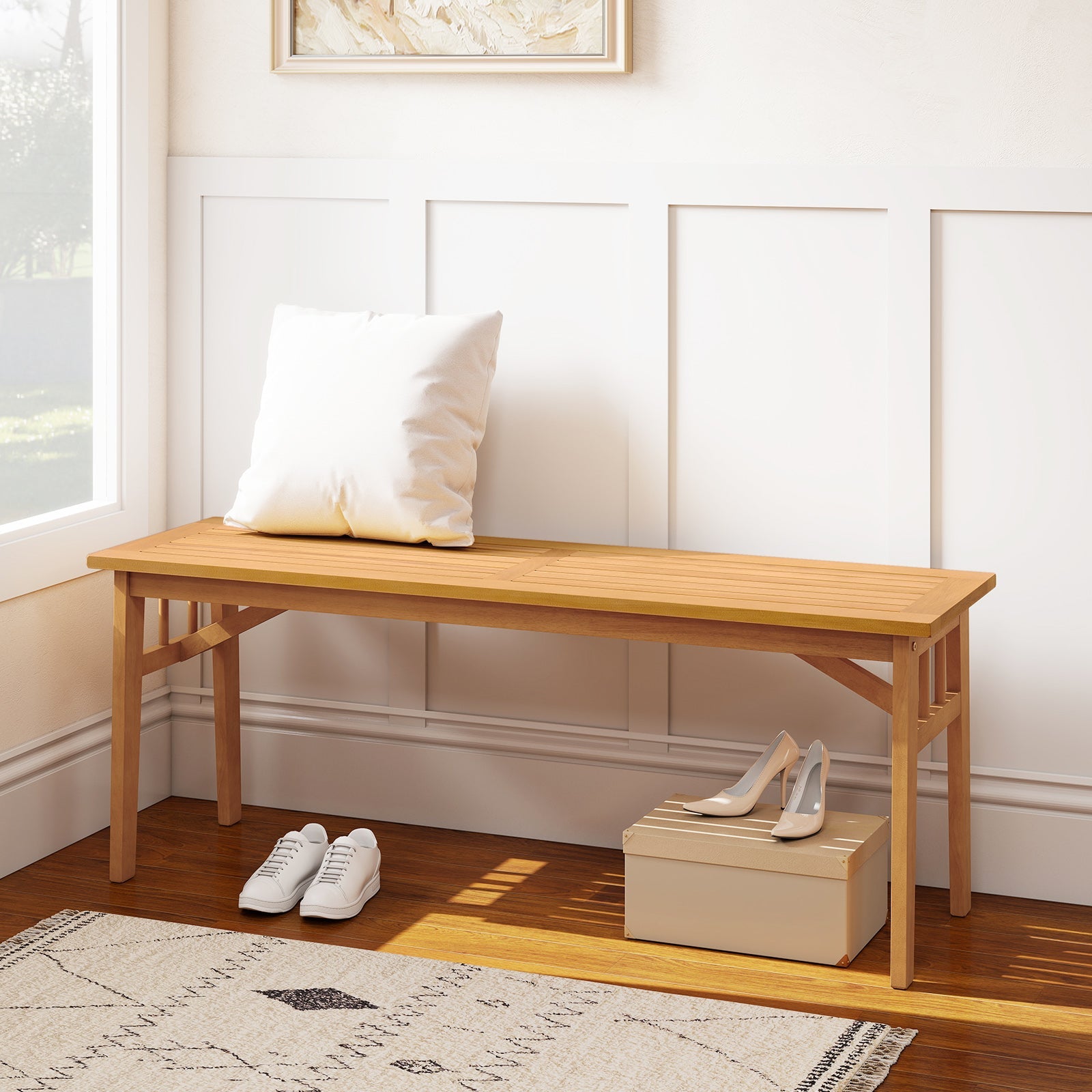 48 Inches Acacia Wood Bench with Breathable Slat Seat and Stable Triangular Structure