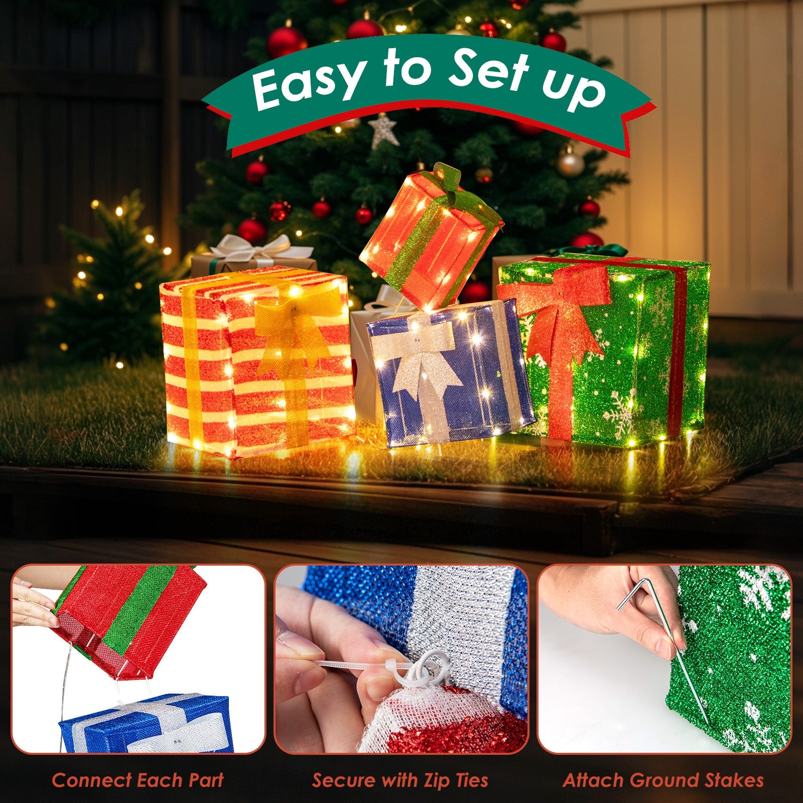 48 Inches Lighted Stacked Gift Boxes with Built-in LED Lights and Decorative Bows