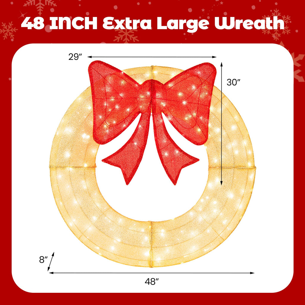 48 Inch Pre-Lit Lighted Christmas Mesh Wreath with Bow and 200 LED Bulbs