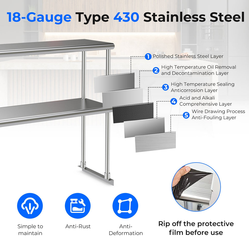 48 x 12 Inch Kitchen Stainless Steel Overshelf with Adjustable Lower Shelf