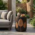Outdoor Side Table Round MGO Concrete Copper Leaf Pattern 15.25x18.5in