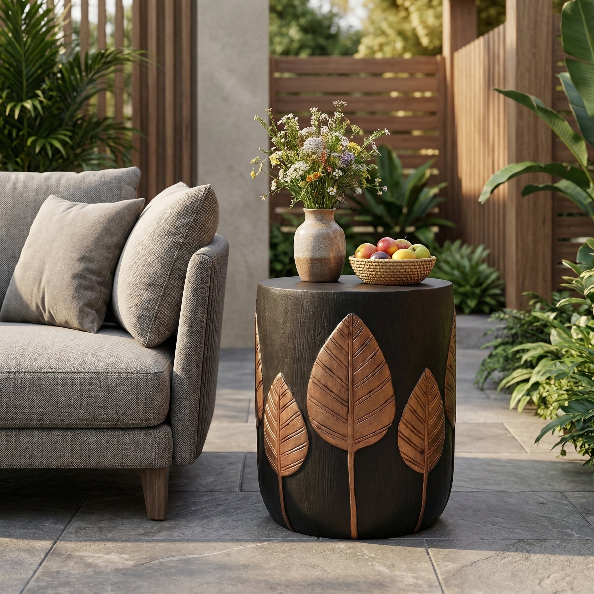 Outdoor Side Table Round MGO Concrete Copper Leaf Pattern 15.25x18.5in