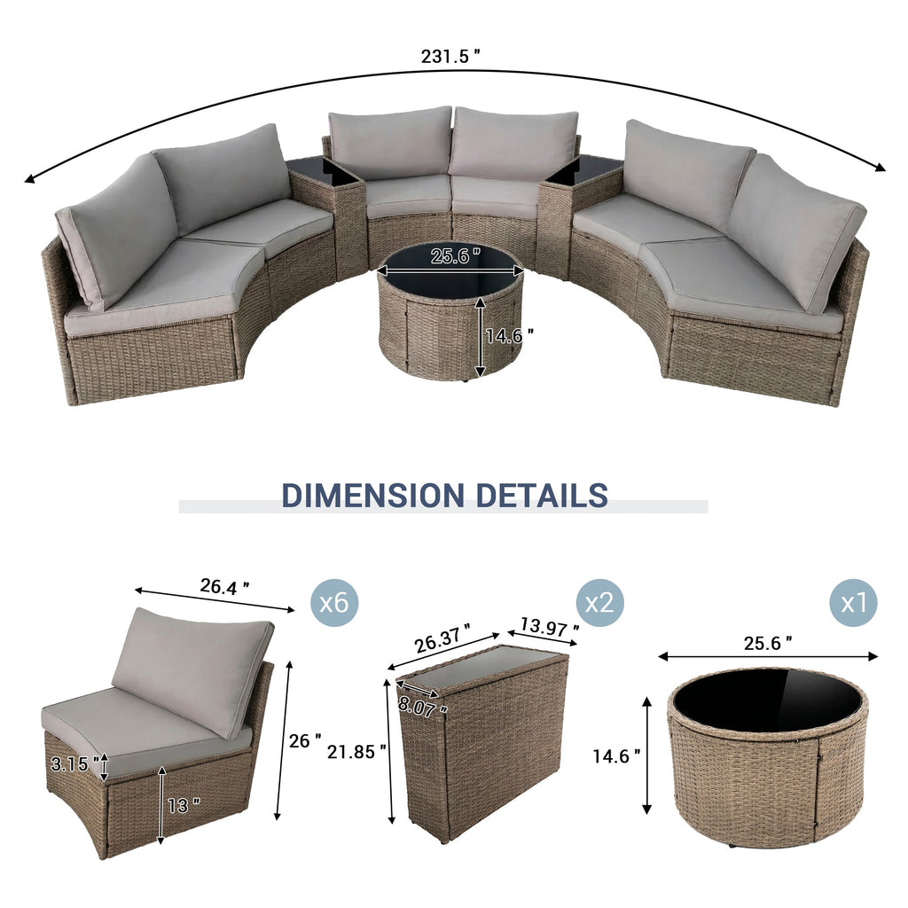 Outdoor Sectional Set PE Rattan Steel Light Gray Half Moon 9 Piece 380 LB