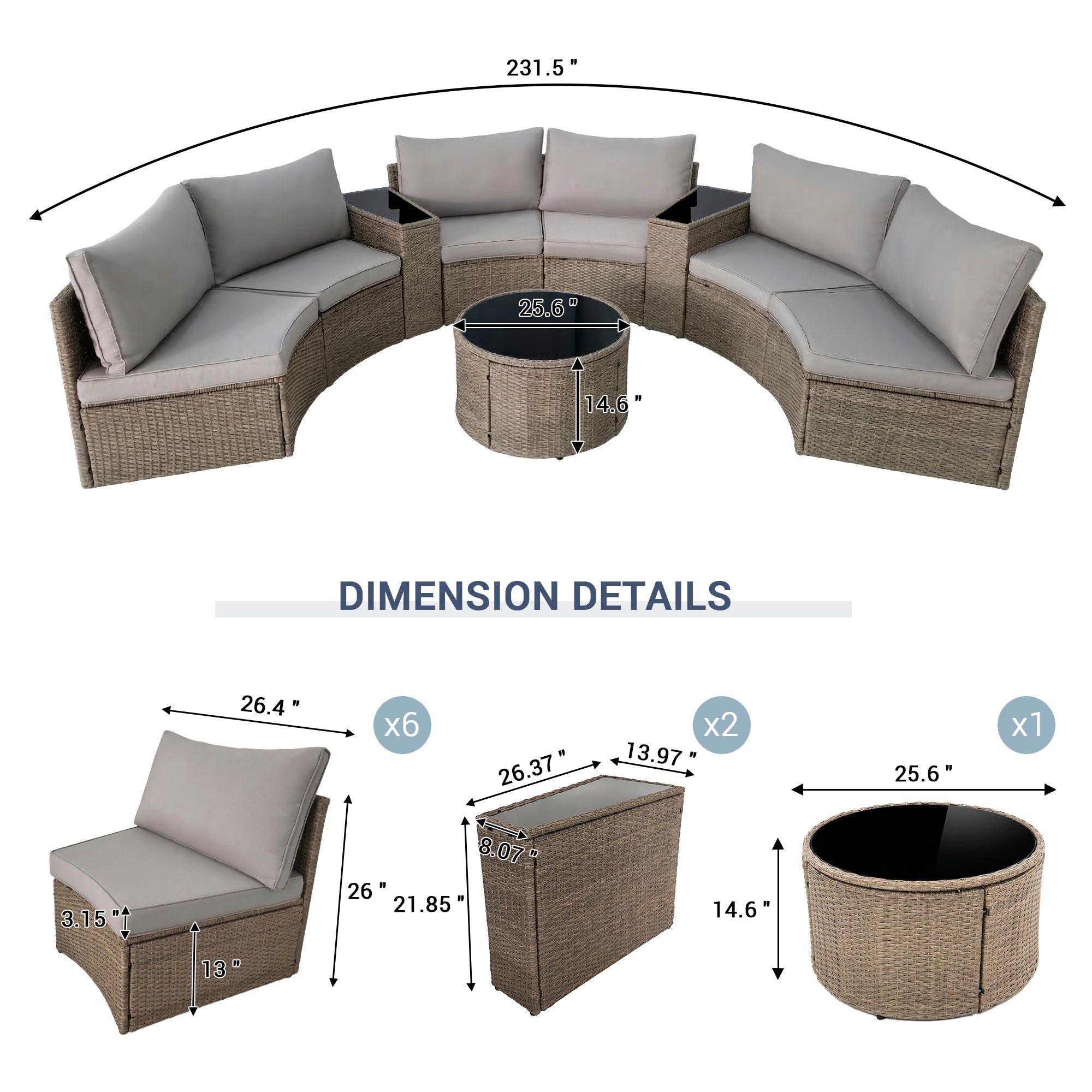 Outdoor Sectional Set PE Rattan Steel Light Gray Half Moon 9 Piece 380 LB