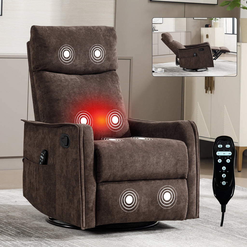 Recliner Chair Swivel Rocker Polyester Brown 360 Degree Heat Massage 155