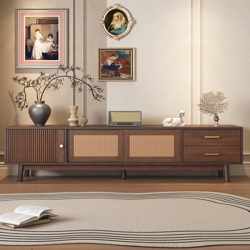 TV Stand Mid-Century Dark Brown Solid Wood Rattan Sliding Door Fits 80 In TV