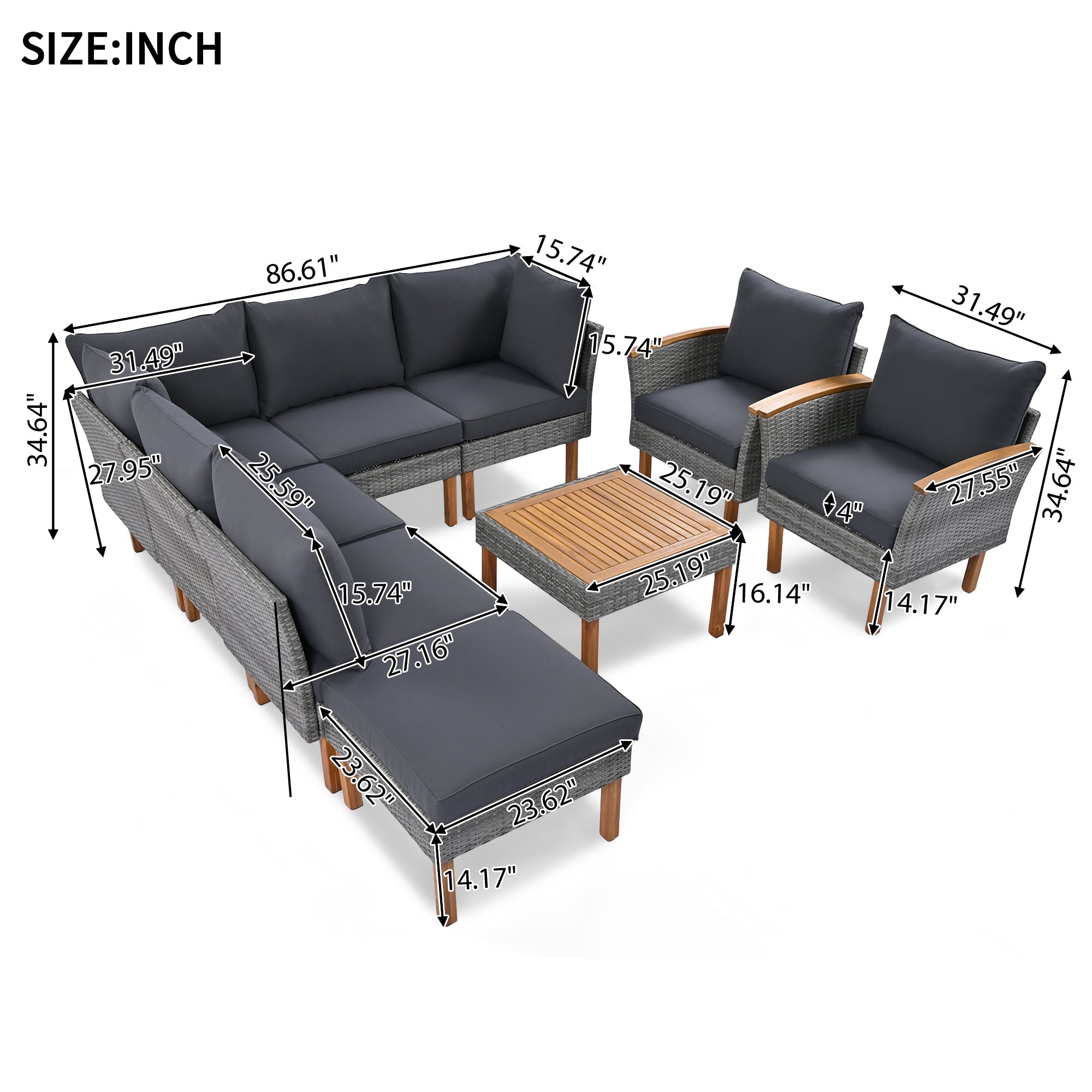 Outdoor Sectional Set PE Rattan Acacia Wood Gray 9 Piece 250 LB