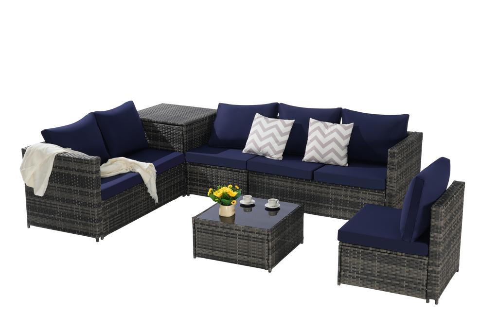 Outdoor Sectional Set PE Rattan Steel Dark Blue L-Shape 6 Piece Seats 8