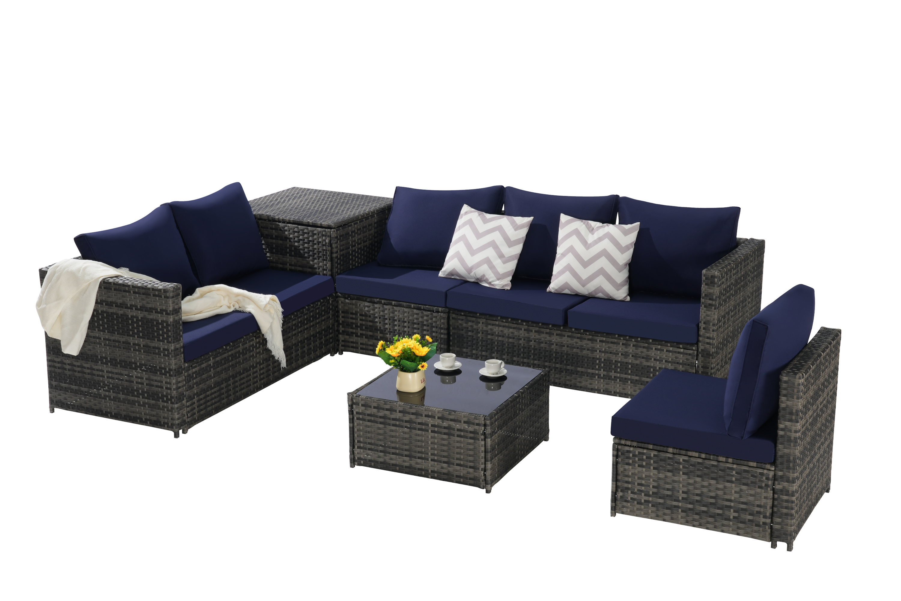 Outdoor Sectional Set PE Rattan Steel Dark Blue L-Shape 6 Piece Seats 8