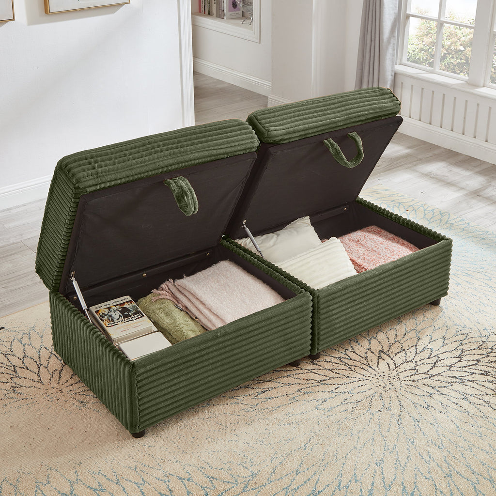 Sectional Sofa L-Shape Corduroy Green Storage Chaise 2 Ottomans USB 69 In