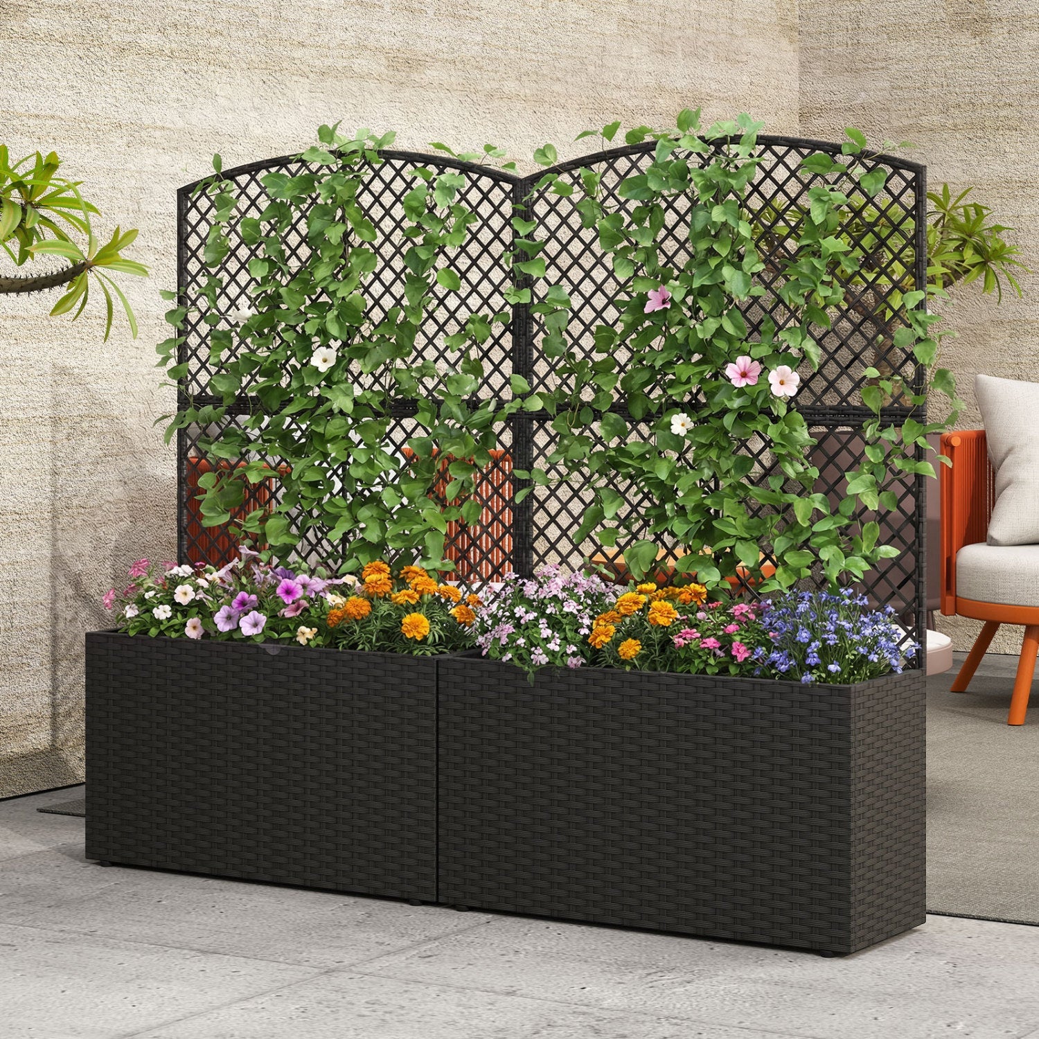 49 Inch Raised Garden Bed with Trellis and Wicker Planter Box