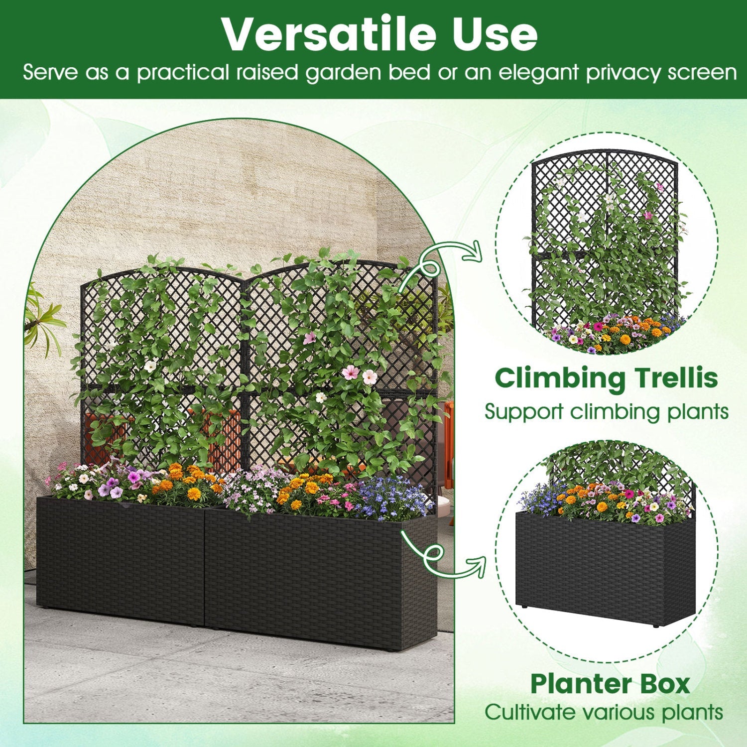 49 Inch Raised Garden Bed with Trellis and Wicker Planter Box