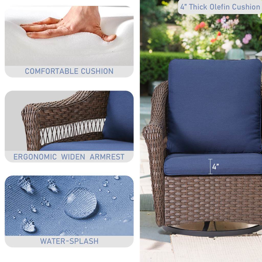 Outdoor Swivel Rocking Chair PE Rattan Brown Set of 2 with Cushions