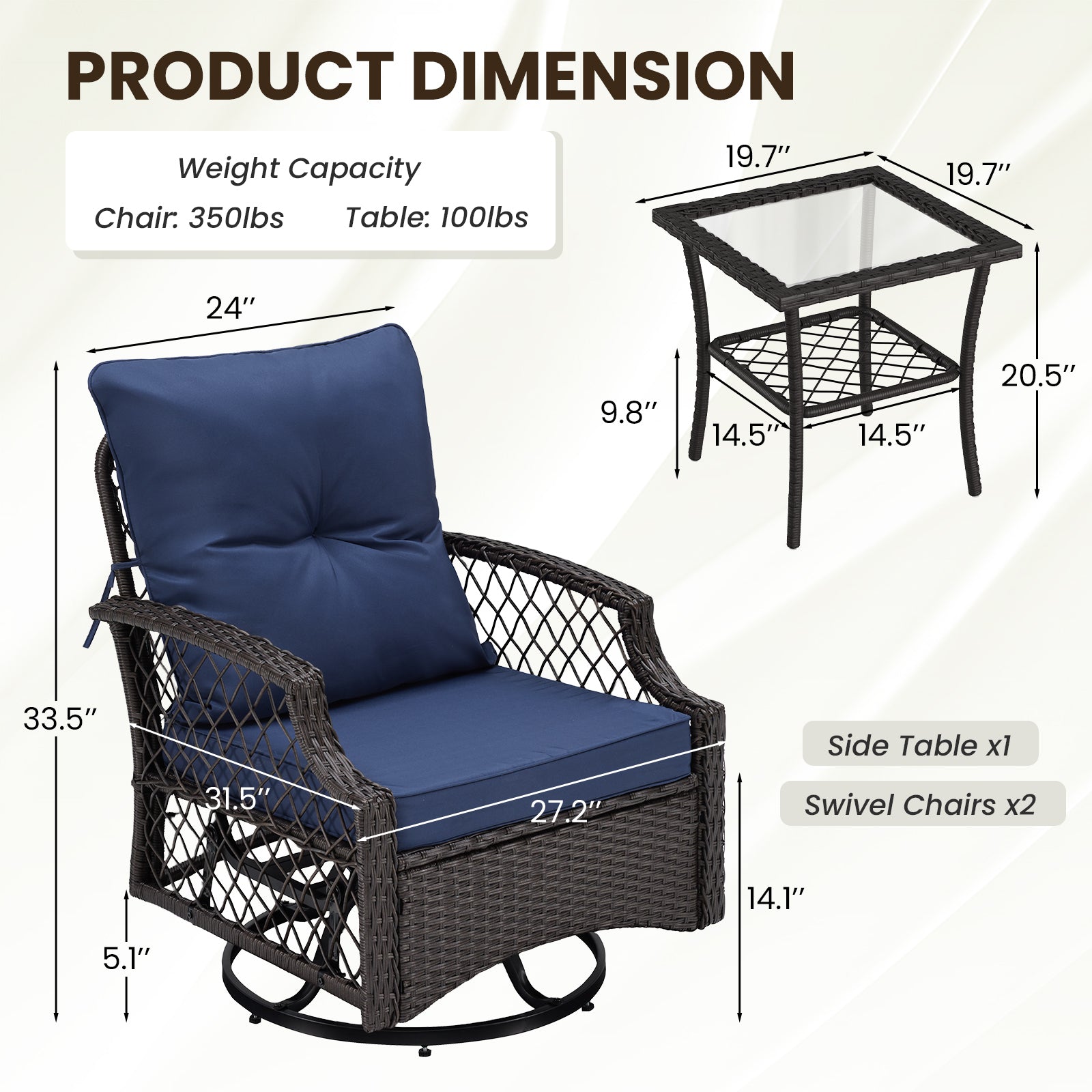 Outdoor Bistro Set Wicker Swivel Glider Navy 3-Piece