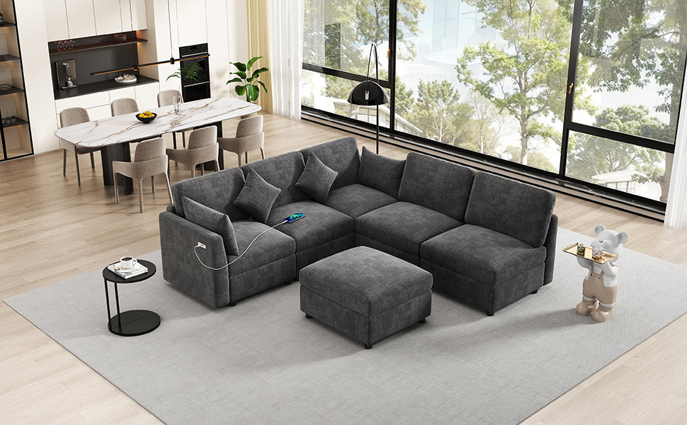 Sectional Sofa U-Shape Modular Chenille Black 5-Seat USB Ports 86.6x61.4 In