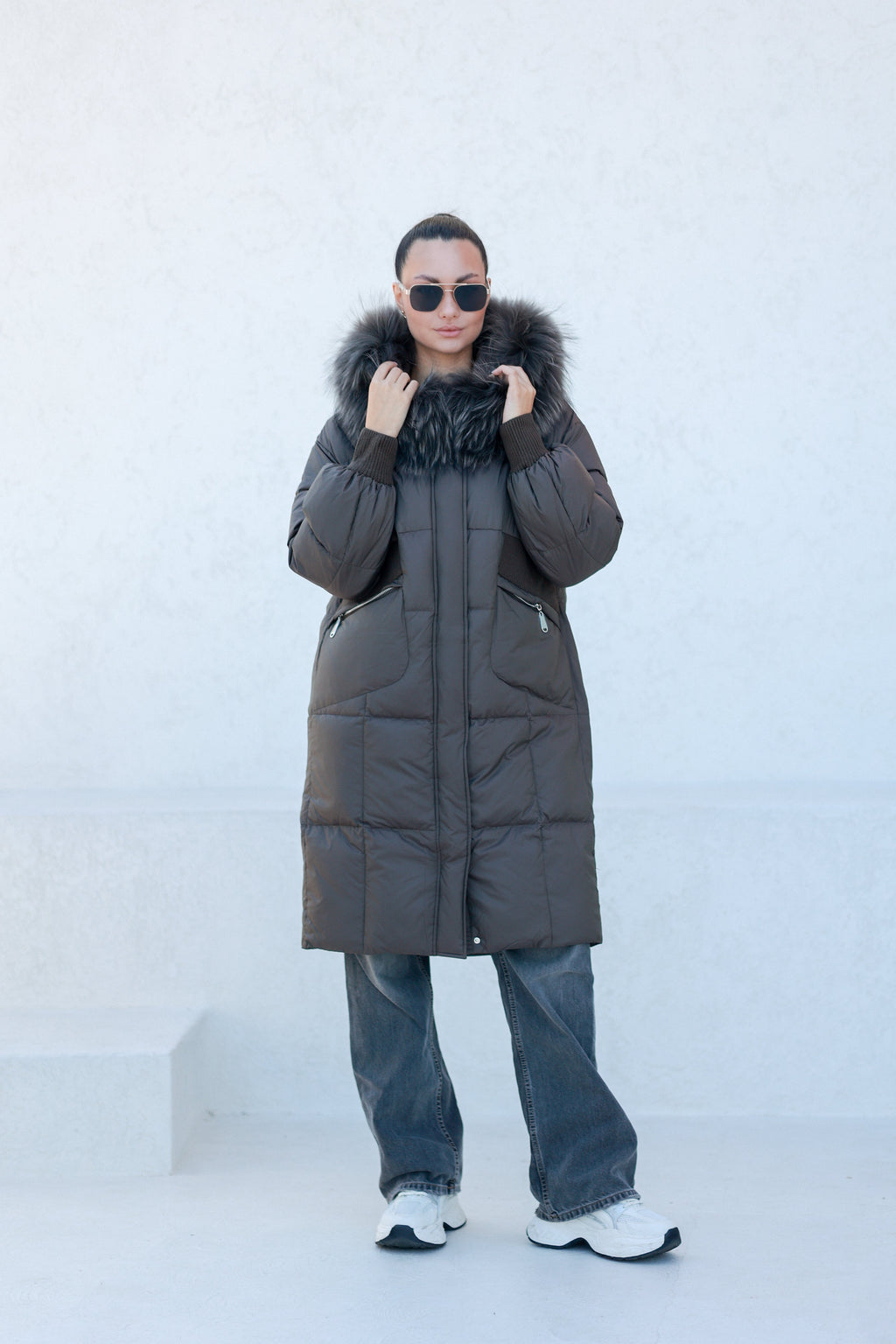 Lauren Genuine Fur Trim Down Fill Coat in Tobacco