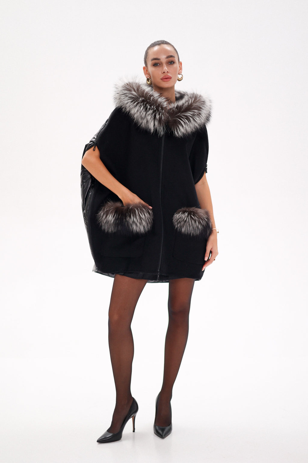 Saga®Furs Silver Fox Wool Alpaca Poncho Vest in Black