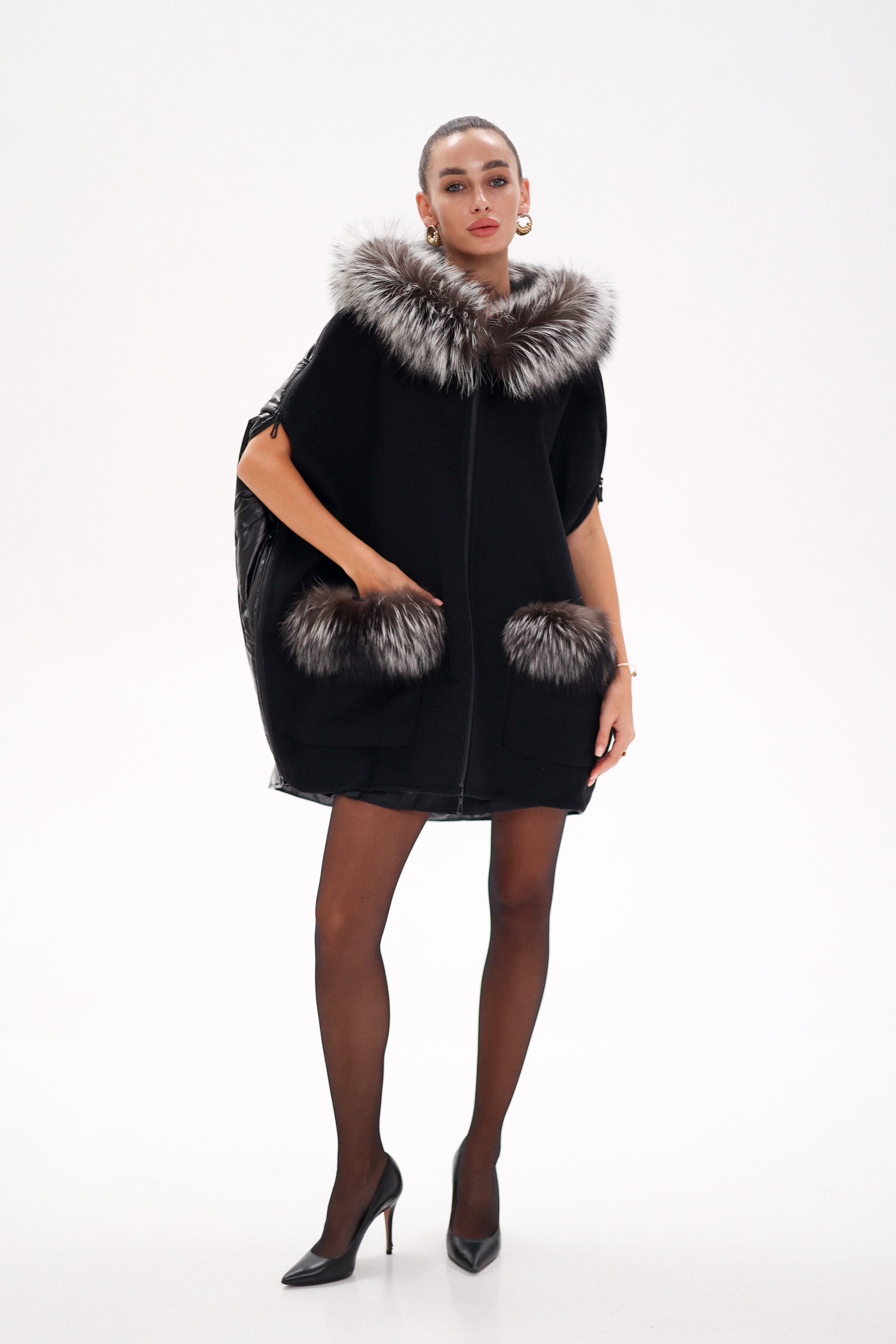 Saga®Furs Silver Fox Wool Alpaca Poncho Vest in Black