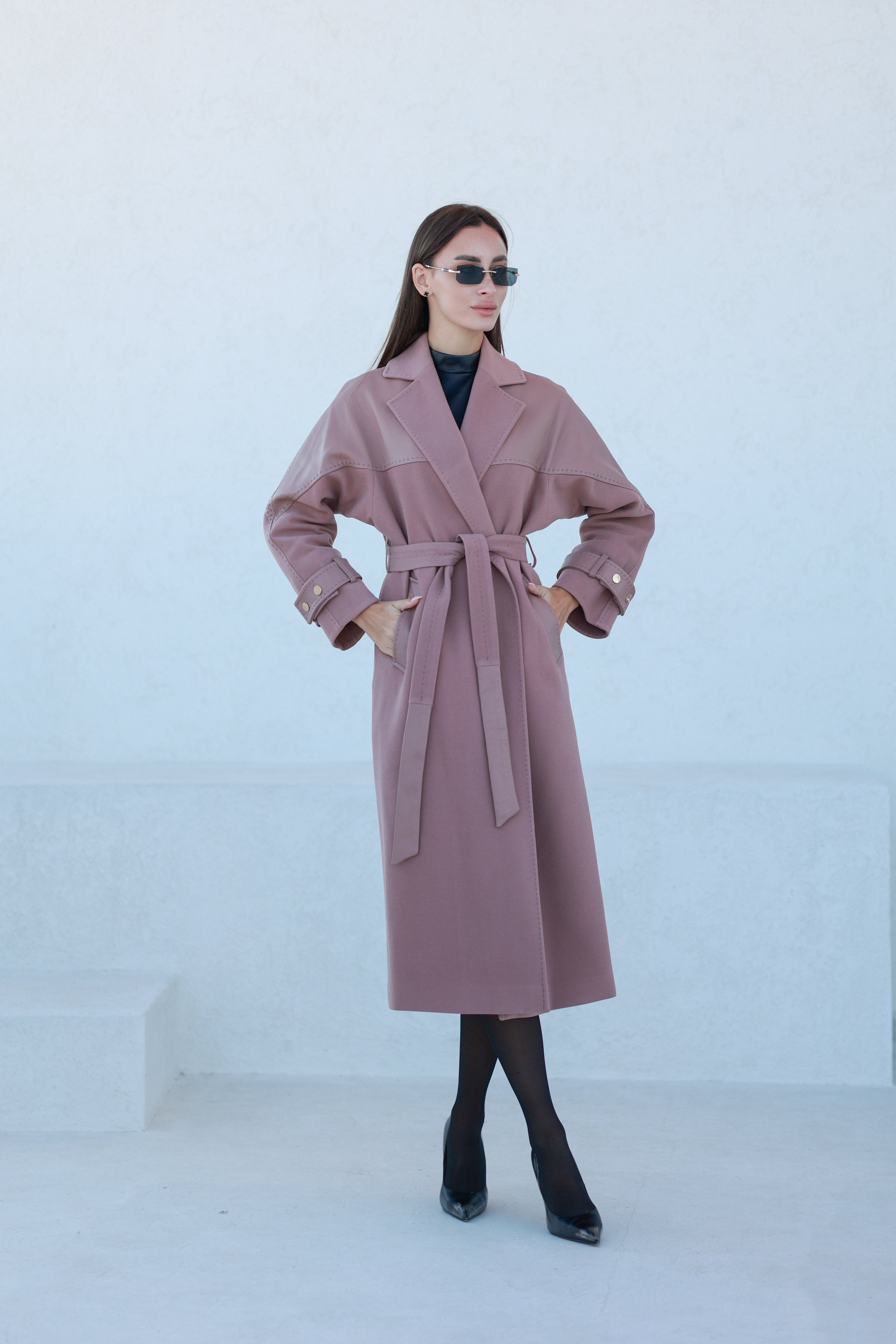 Rose Leather Trim Cashmere Blend Overcoat