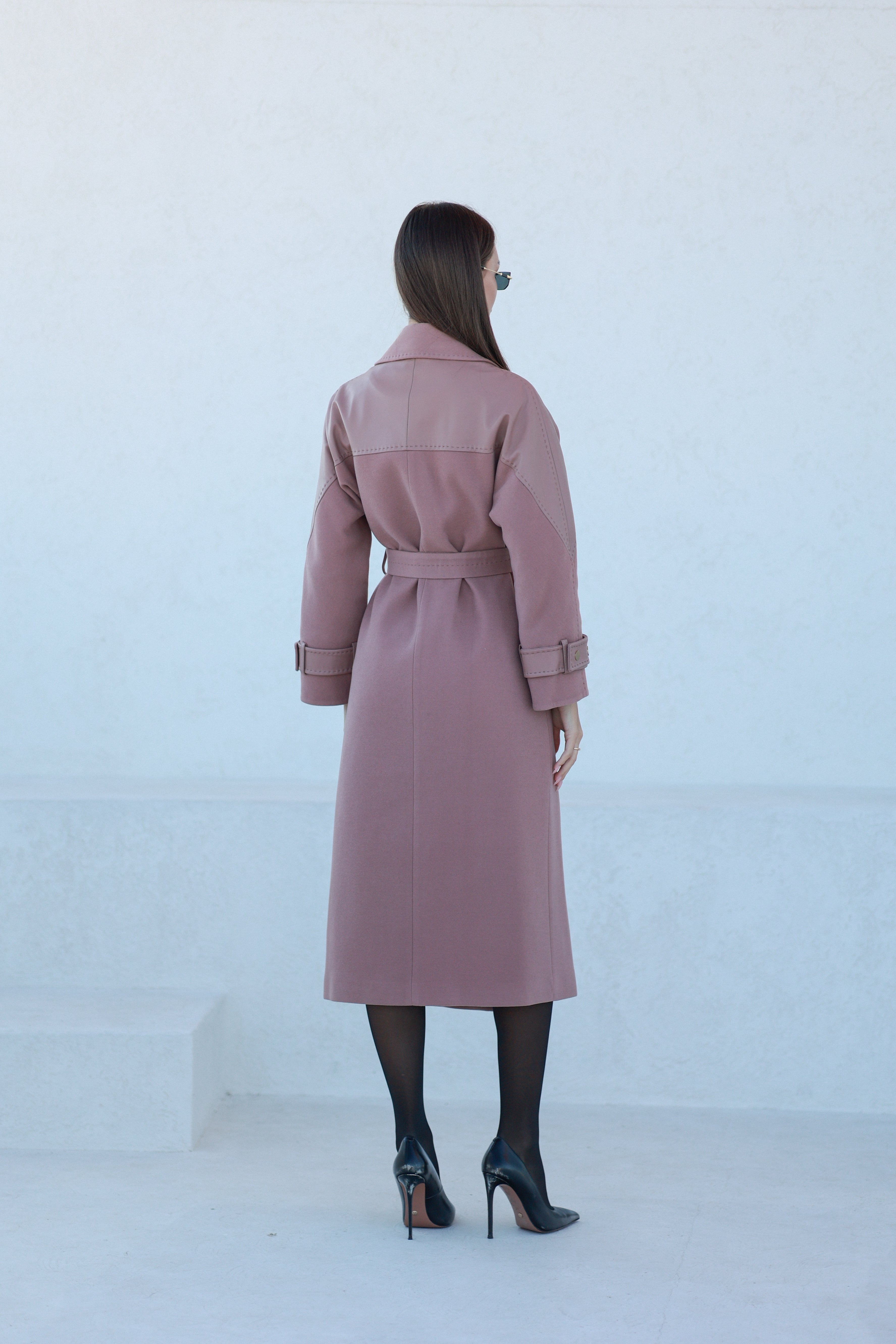 Rose Leather Trim Cashmere Blend Overcoat