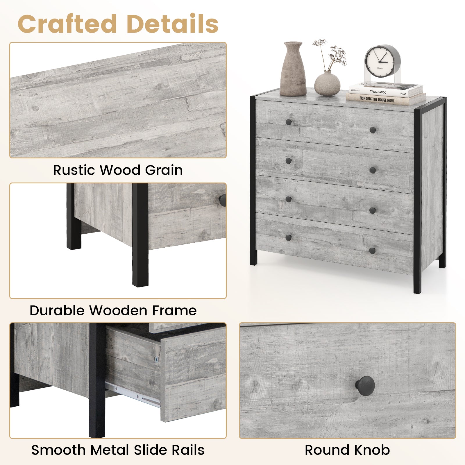 4-Drawer Dresser Modern Wooden Chest of Drawers for Bedroom Living Room
