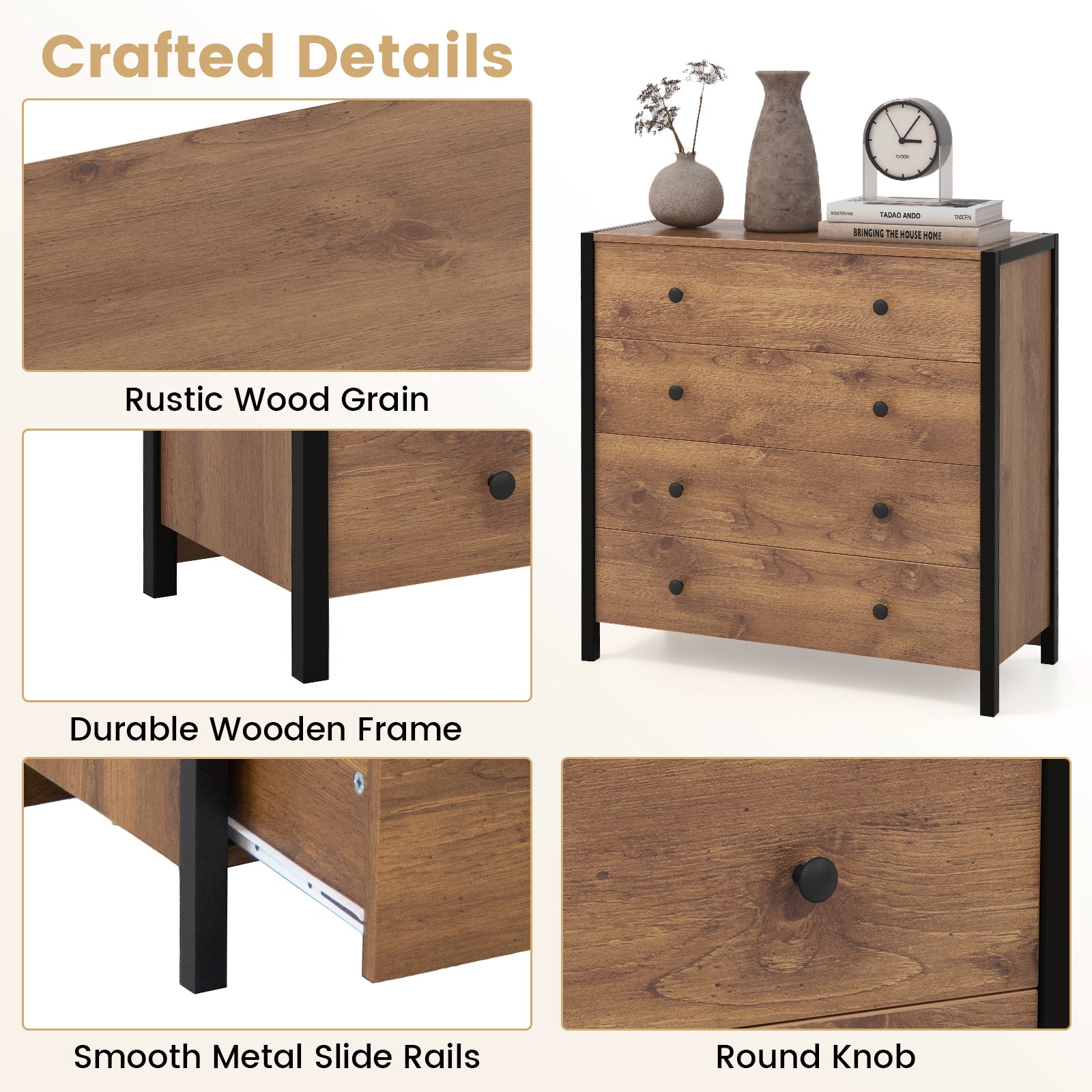4-Drawer Dresser Modern Wooden Chest of Drawers for Bedroom Living Room