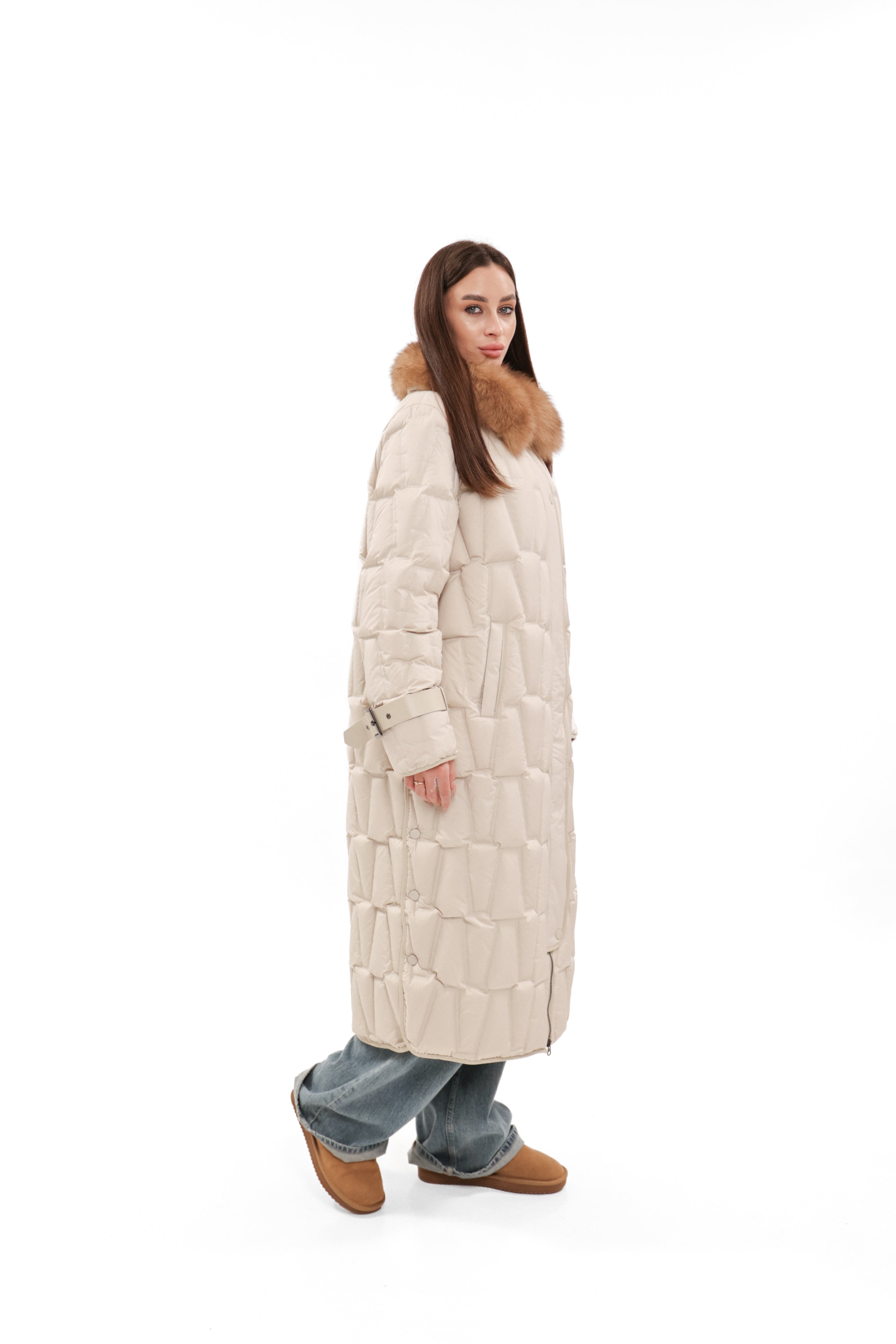 Riley Genuine Fur Trim Down Fill Coat in Ivory
