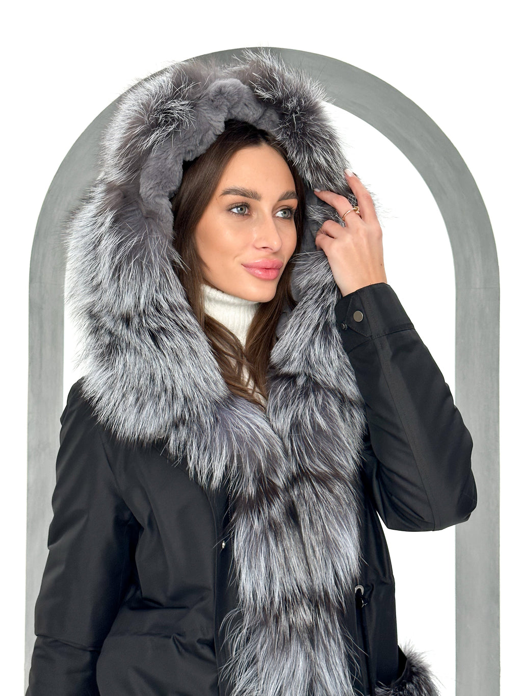 Roma Genuine Silver Fox Fur Rabbit Fur Insulated Parka in Black