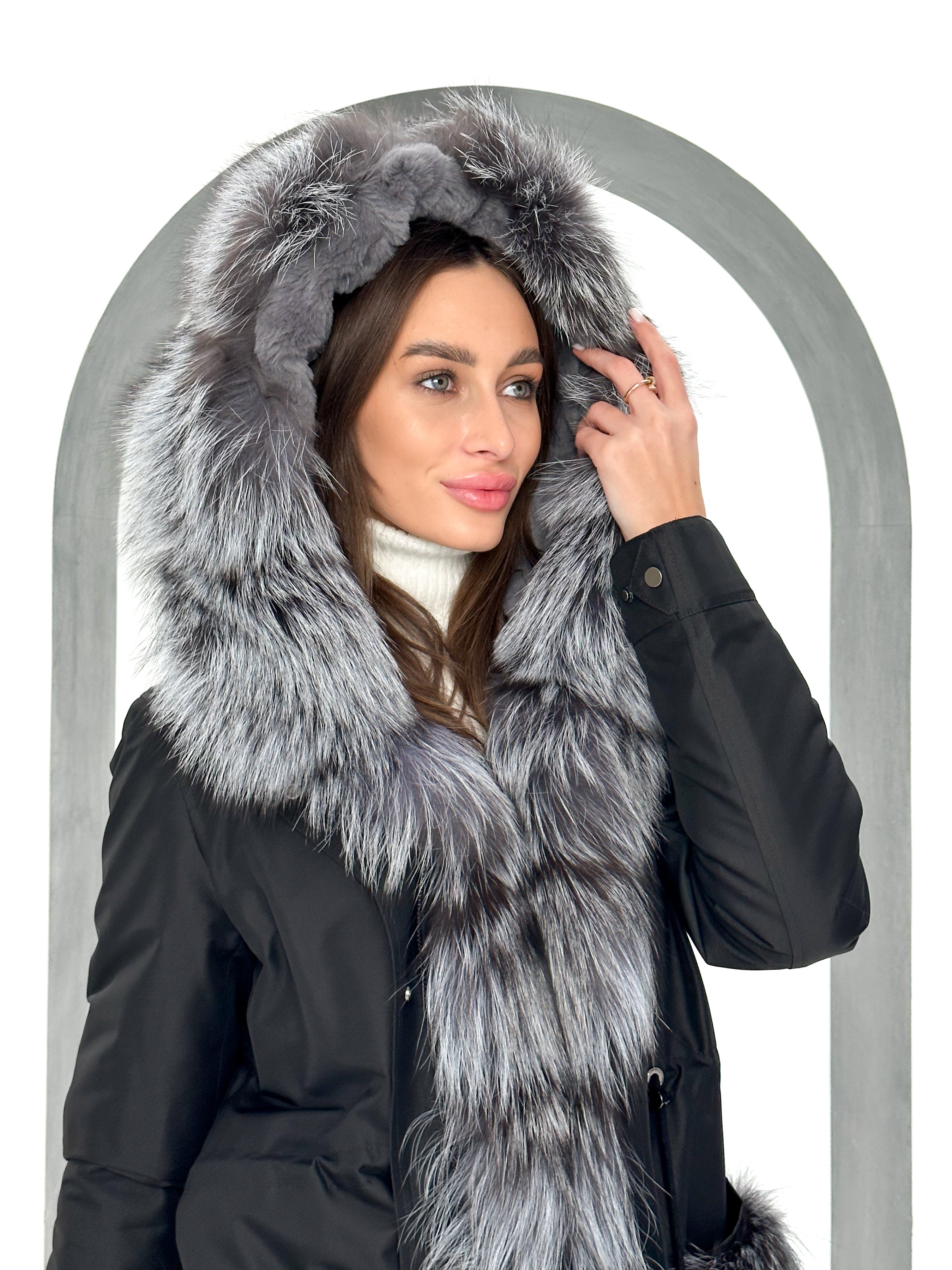 Roma Genuine Silver Fox Fur Rabbit Fur Insulated Parka in Black