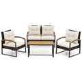 4 Pieces Patio Conversation Set with Acacia Wood Armrests and Tabletop and Cushions-White