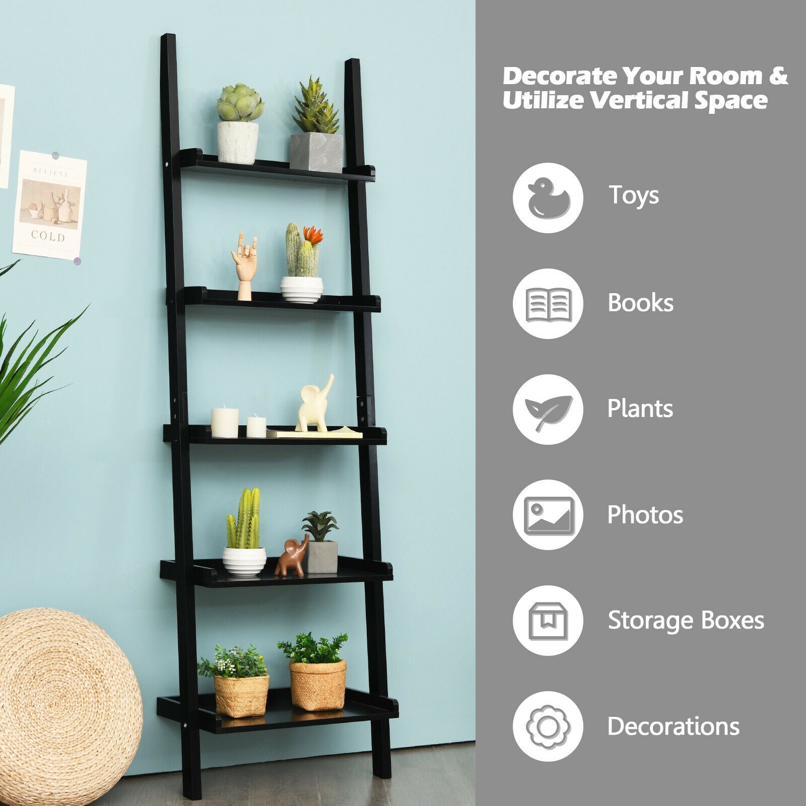 5-Tier Wall-leaning Ladder Shelf Display Rack for Plants and Books