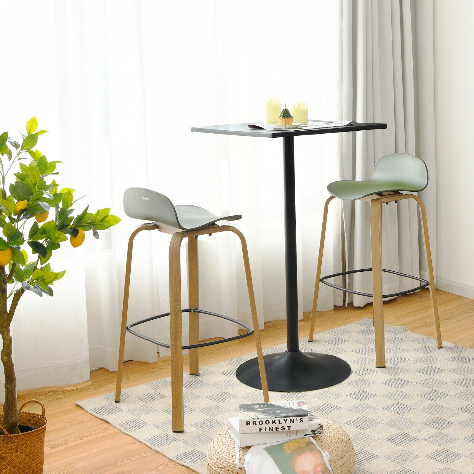Set of 2 Modern Barstools Pub Chairs with Low Back and Metal Legs
