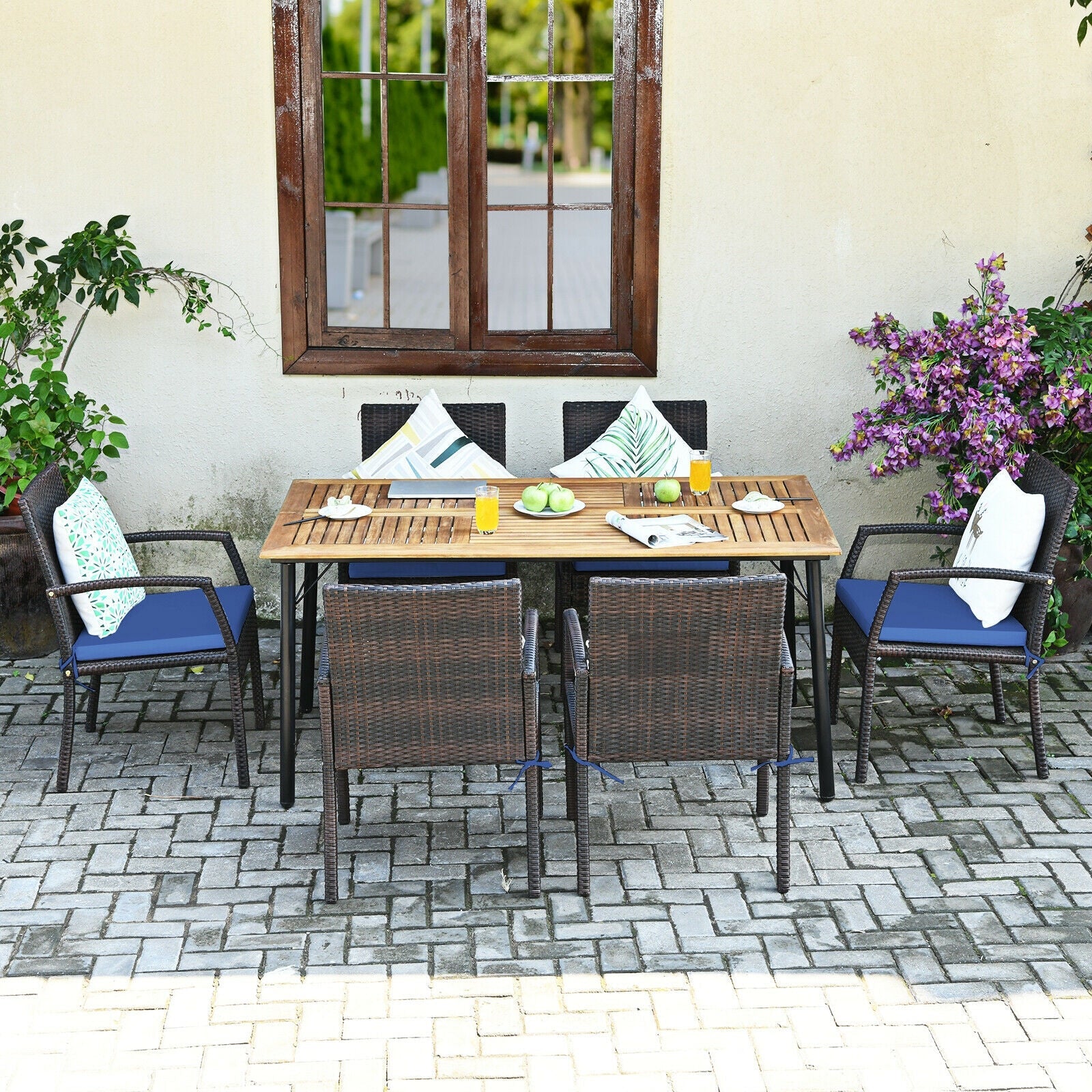 7Pcs Patio Rattan Cushioned Dining Set with Umbrella Hole