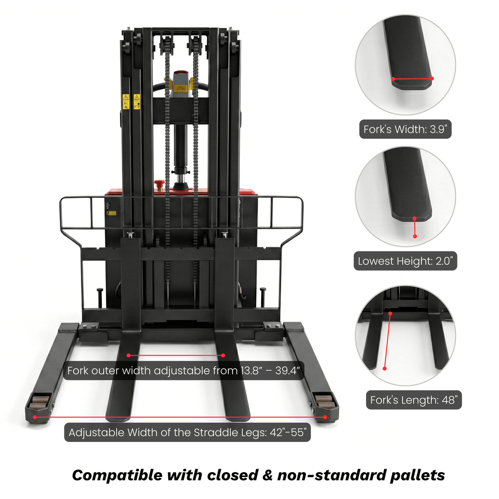 PS3300FEAS-3M Full-Electric Straddle Pallet Stacker – 3,300 lb Capacity, 118" Lift, Adjustable Legs