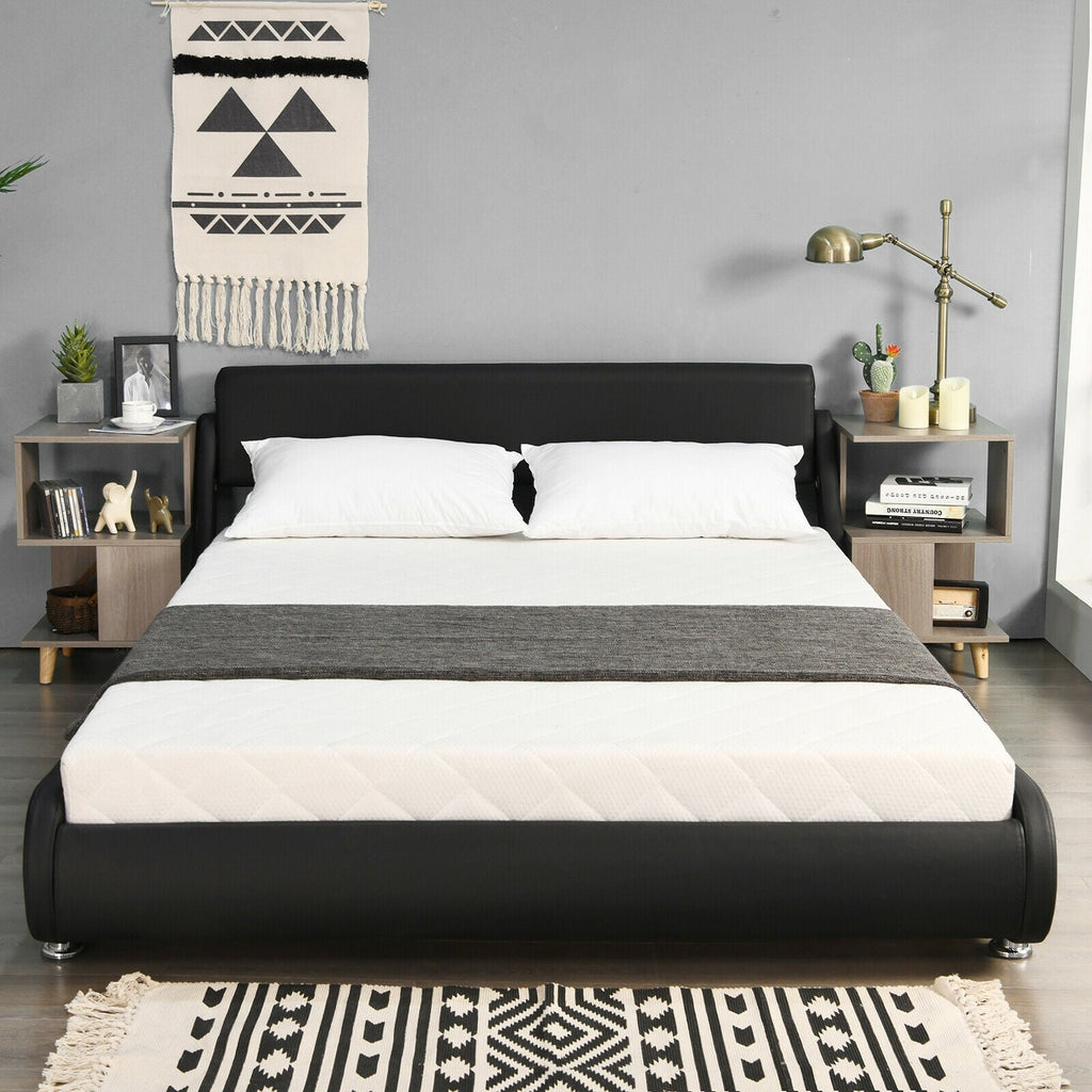 Queen Faux Leather Upholstered Platform Bed Frame Adjustable Headboard-Black