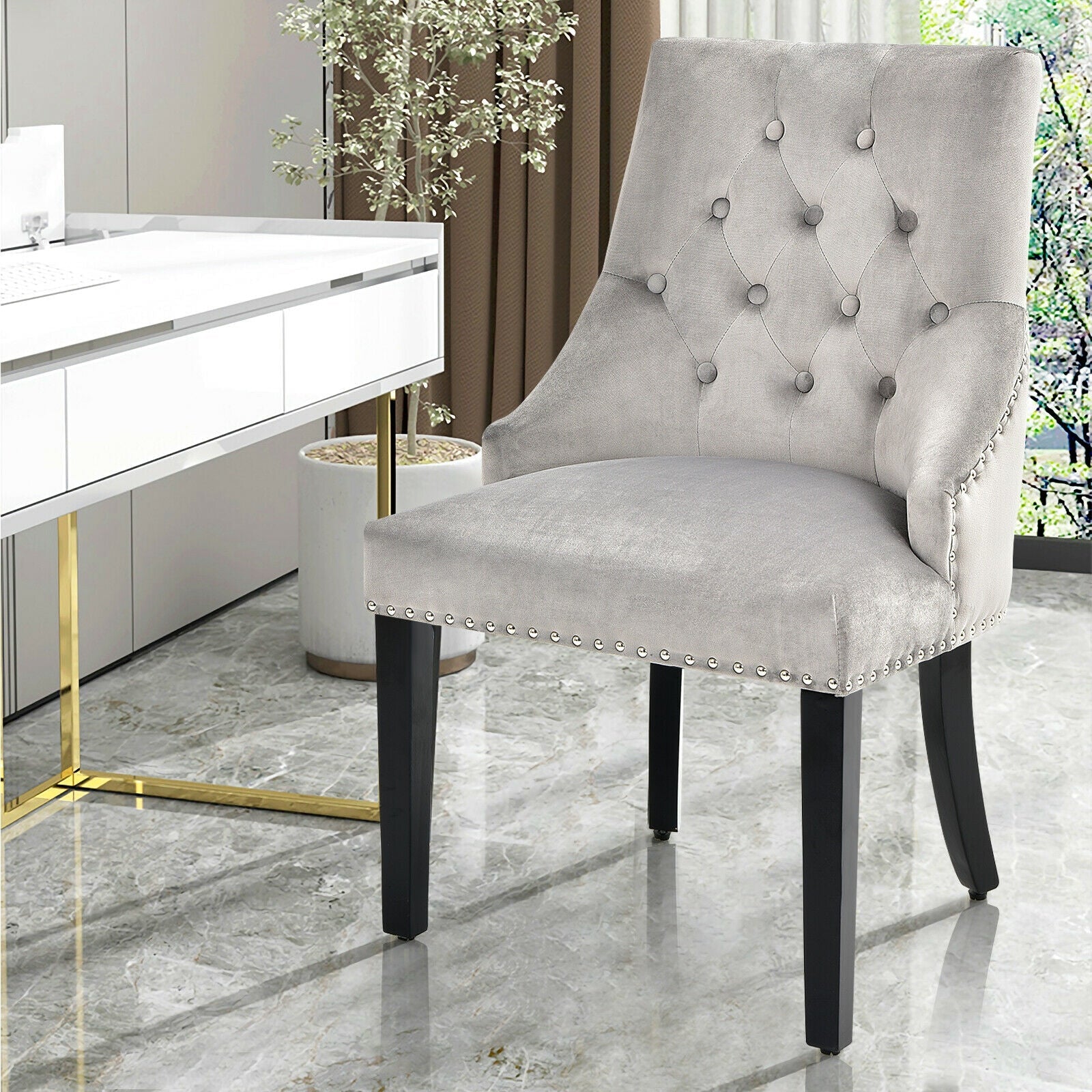 Modern Upholstered Button-Tufted Dining Chair with Naild Trim