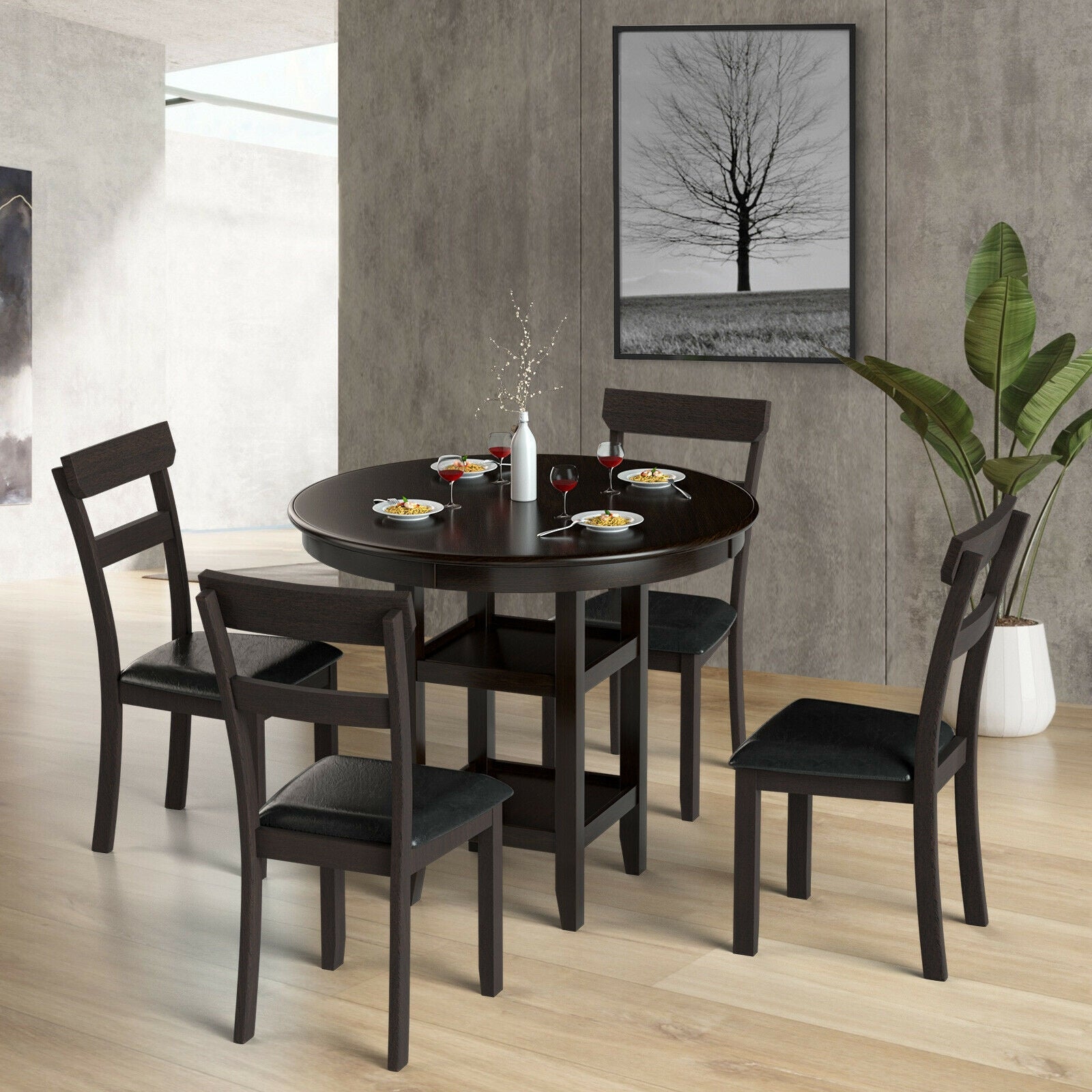 Set of 2 Dining Chairs With Rubber Wood Frame and Upholstered Faux Leather Seat