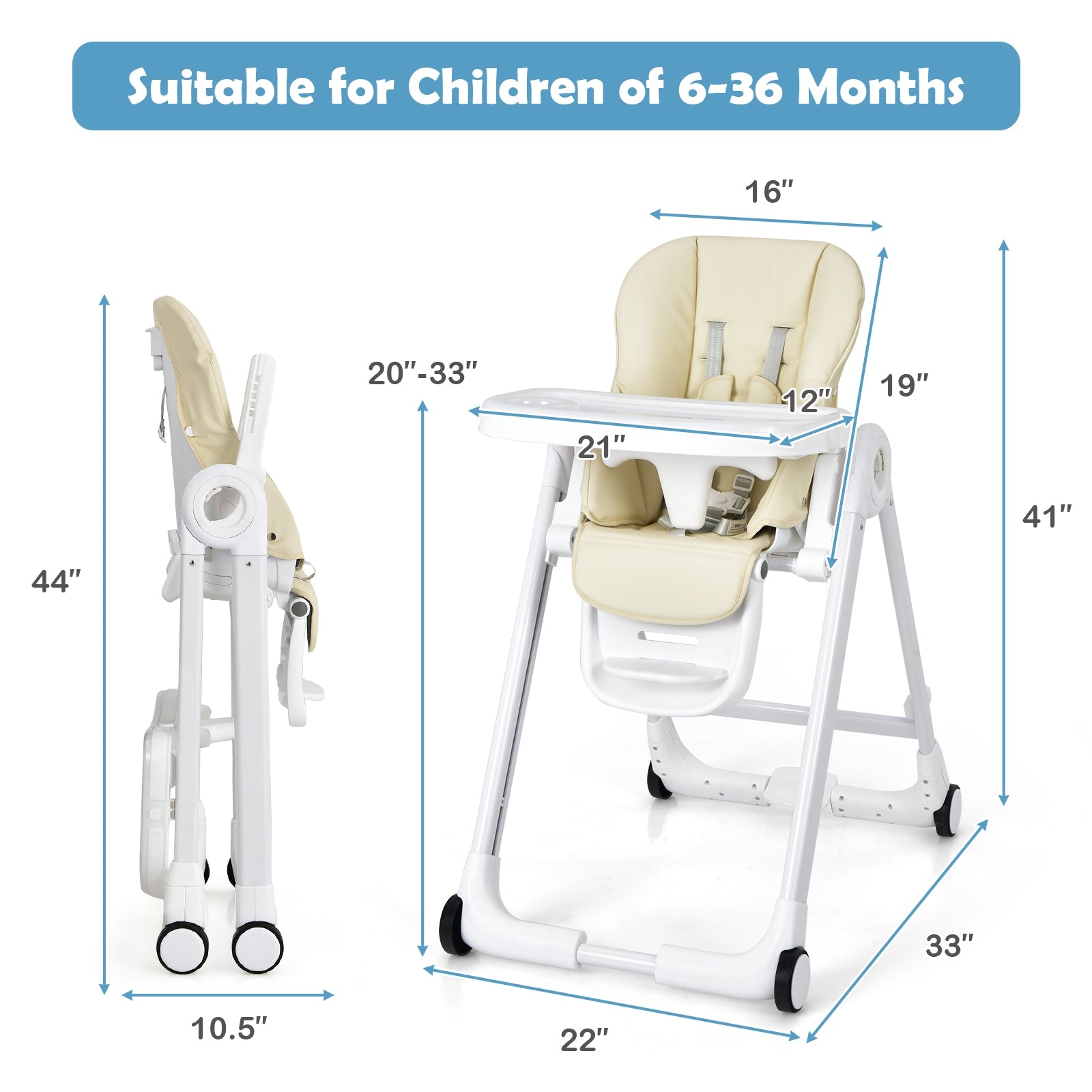 Baby Folding Convertible High Chair with Wheels and Adjustable Height