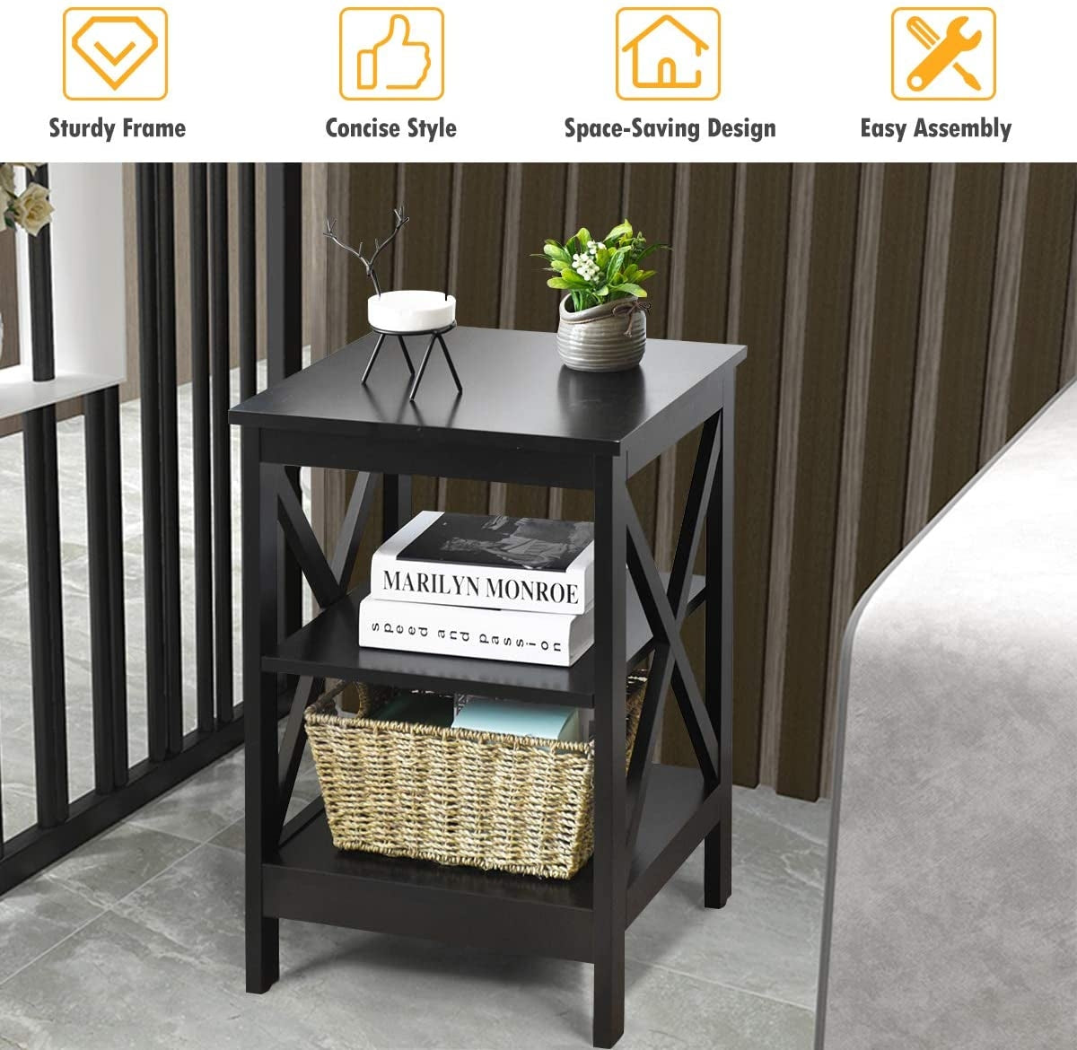 3-Tier X-Design Nightstands with Storage Shelves for Living Room Bedroom