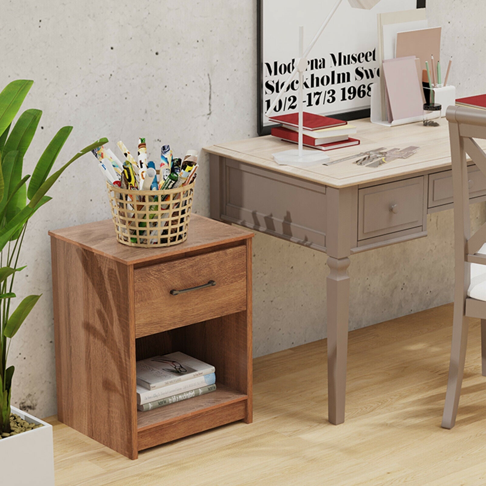 Wooden Nightstand with Drawer and Open Storage Compartment