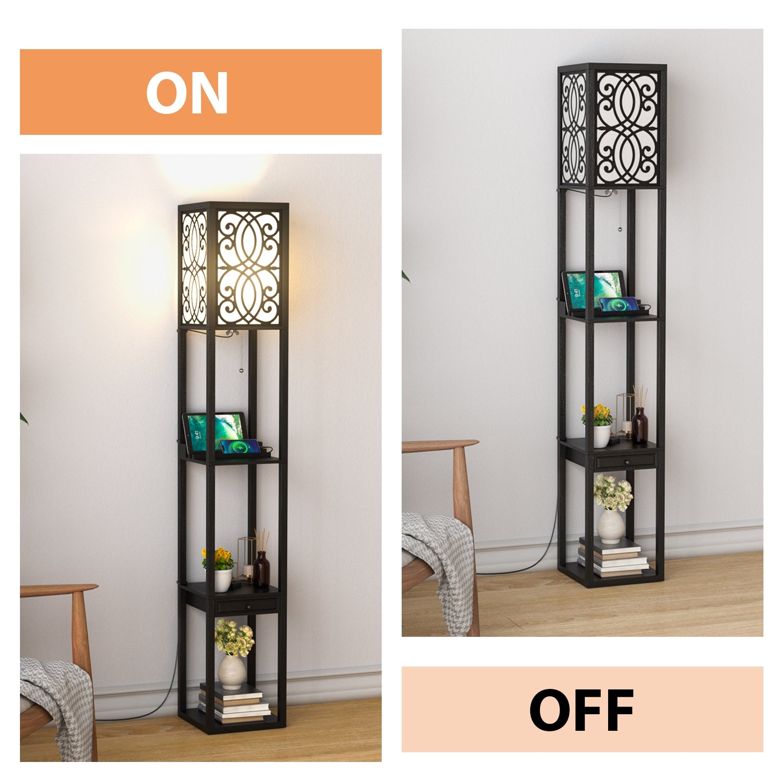 Modern Standing Shelf Lamp with 1 Power Outlet and 2 USB Ports